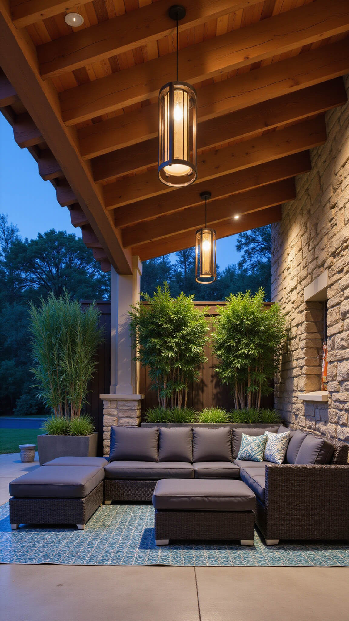 Modern 20x15ft covered patio with cedar beams, pendant lights, charcoal sectional, container gardens with bamboo and forest grass, Moroccan-style blue and teal tiles, and accent-lit stone walls at blue hour.