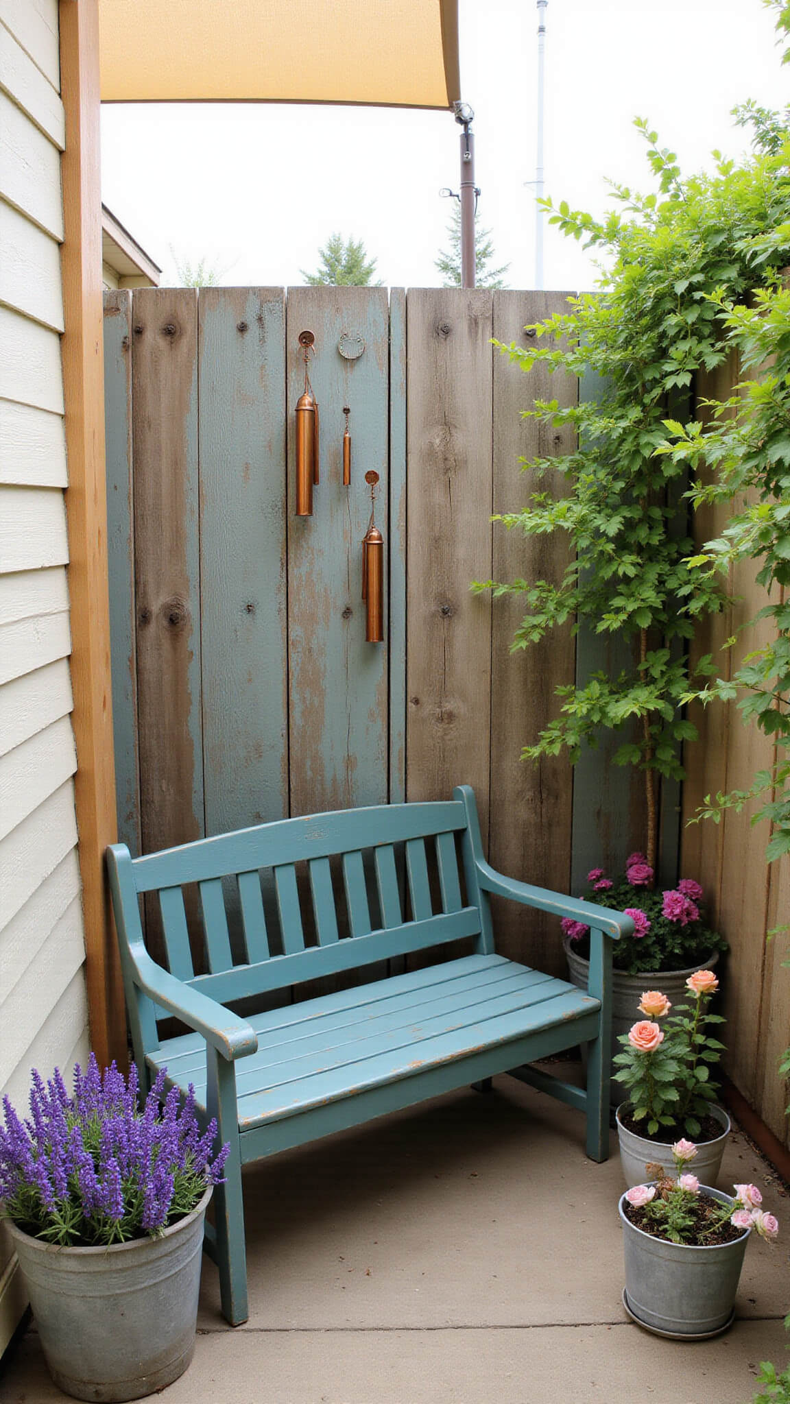 Overhead view of narrow Secret Garden Corner with teal bench, vertical garden, copper wind chimes, potted lavender and sage, and climbing roses in vintage planters under a shade sail.