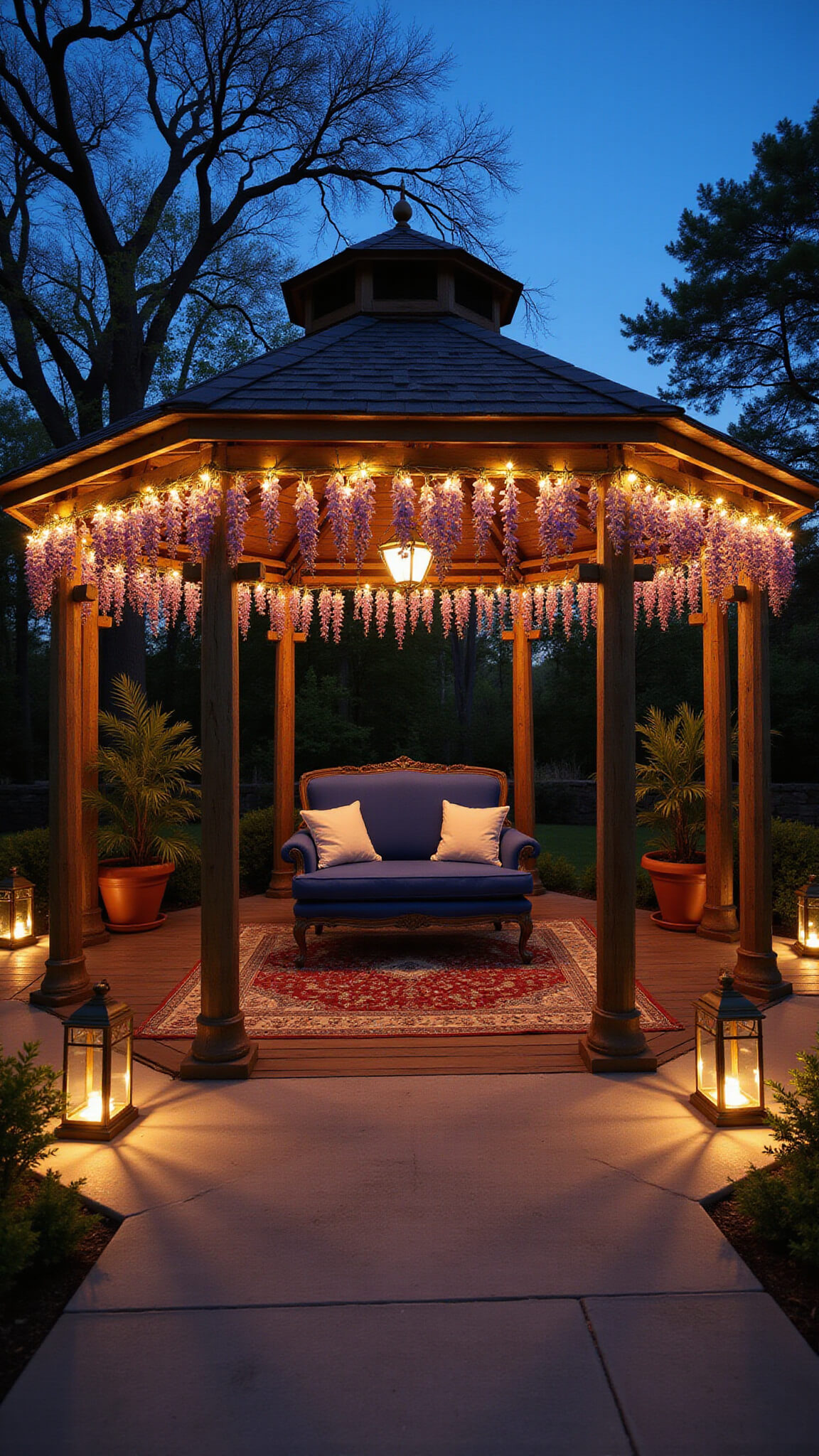 Octagonal 12ft gazebo at twilight with twinkle lights, wisteria, navy loveseat on Persian rug, brass lanterns, and reclaimed wood floor.