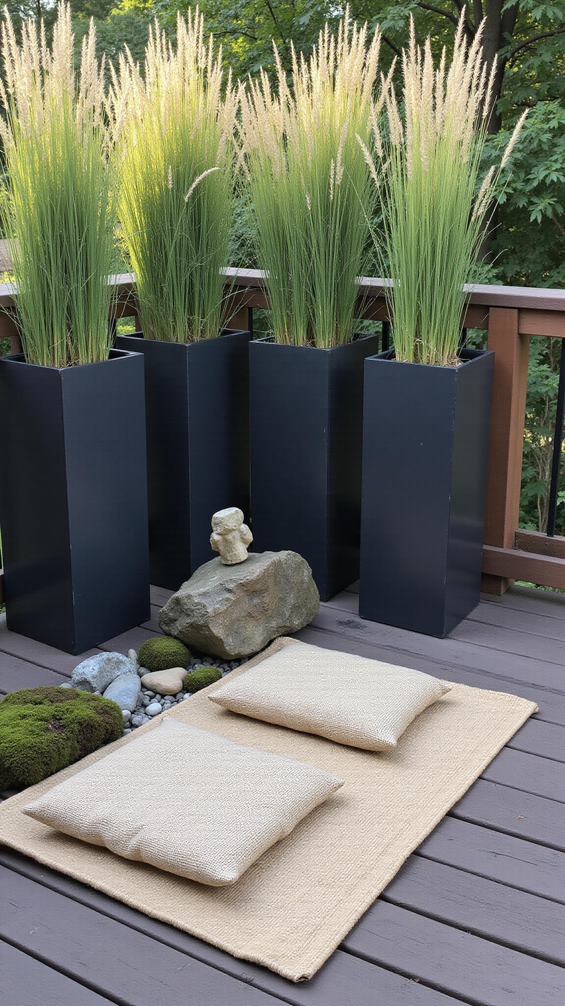 Zen-inspired morning meditation nook with bamboo cushions on a fiber mat, surrounded by mossy rock garden and tall grasses, bathed in early sunrise light.