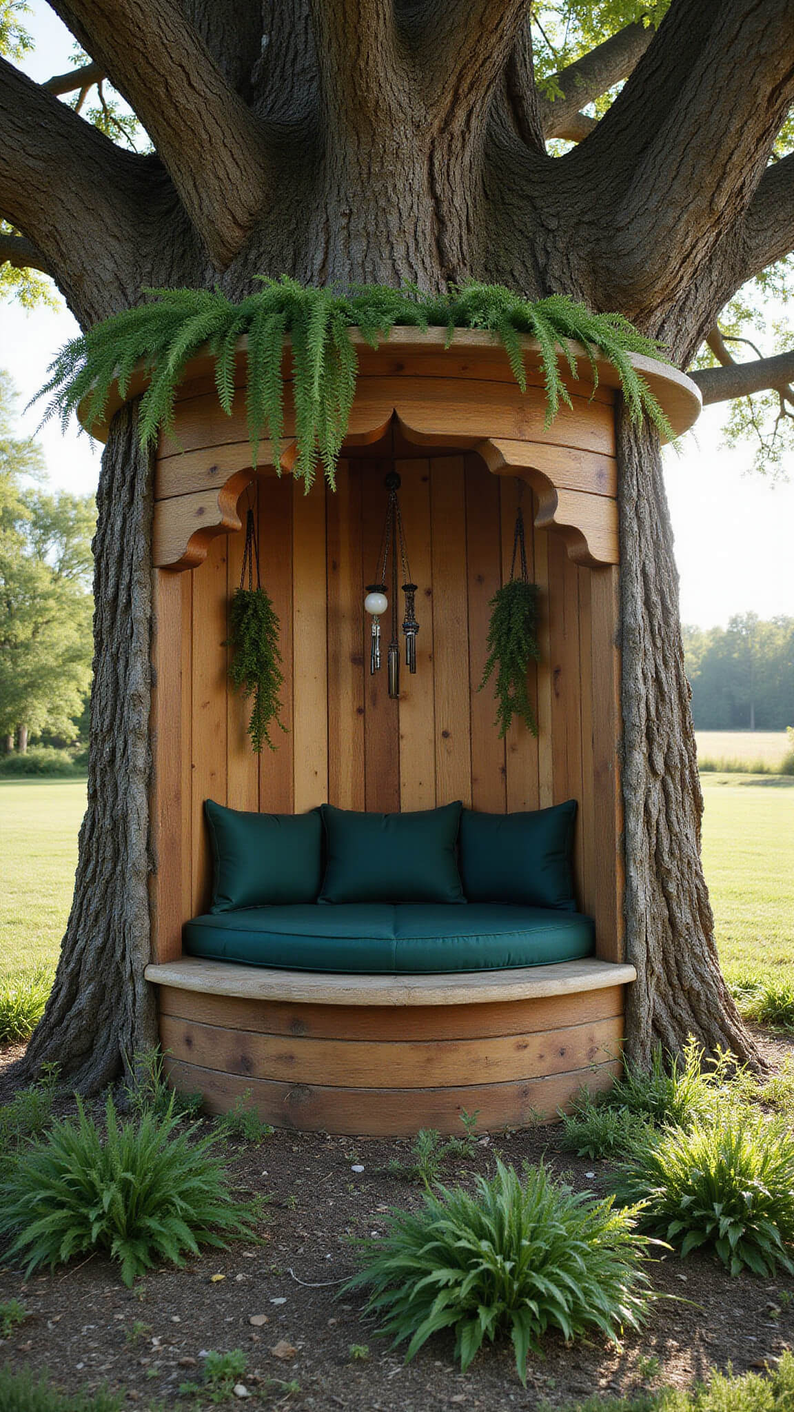 Circular cedar bench with green cushions encircling ancient oak, surrounded by wildflowers, ferns, and wind chimes under dappled tree canopy light.