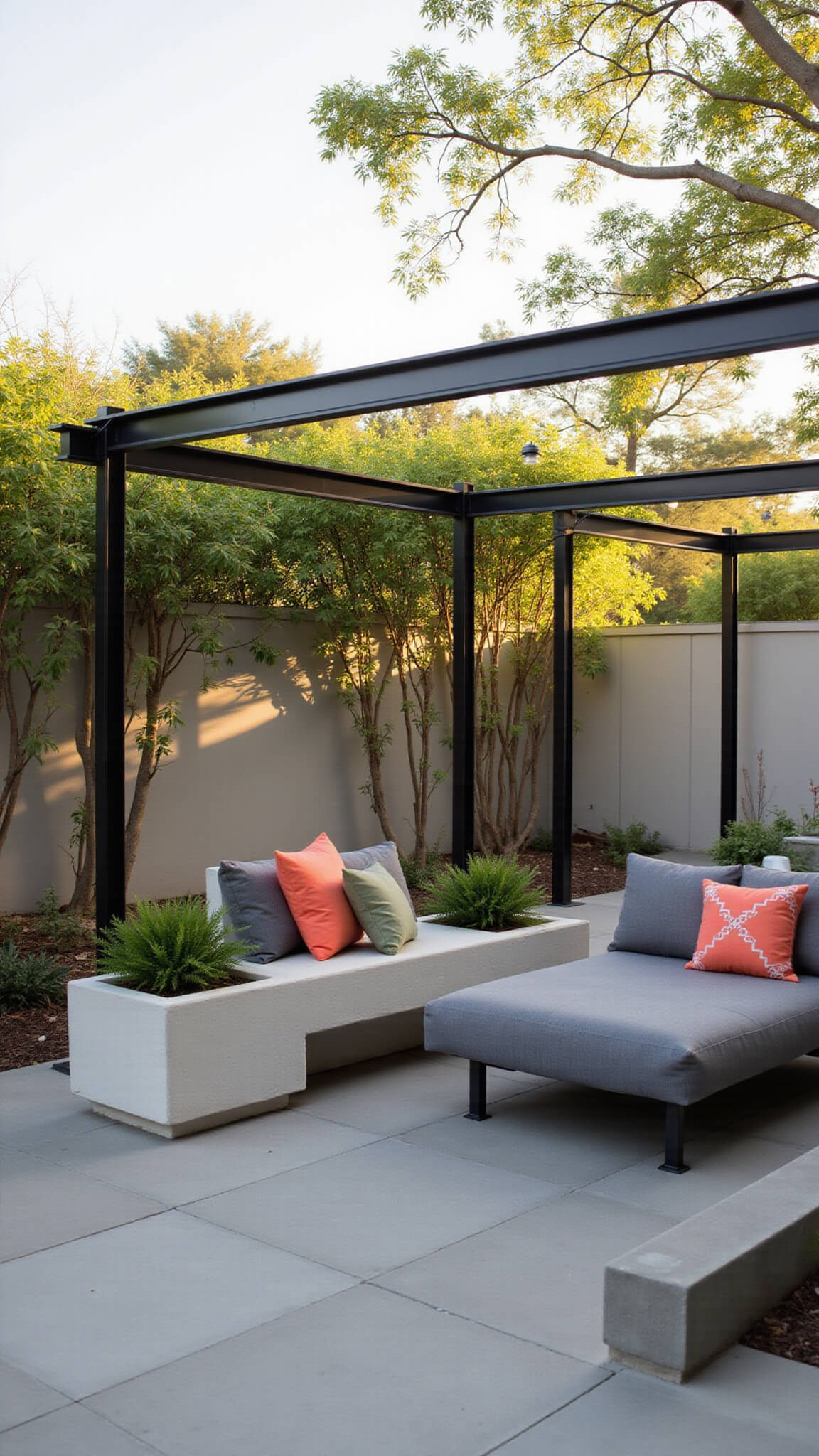 Modern garden lounge at sunset with concrete bench, gray sectional with coral and sage pillows, steel pergola, pendant lights, and jasmine vines.