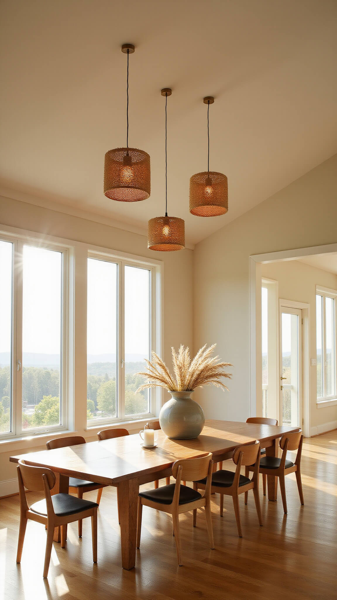 Serene dining room with vaulted ceilings at golden hour, featuring staggered bamboo pendant lights over a long oak table, floor-to-ceiling windows, and a pampas grass centerpiece.