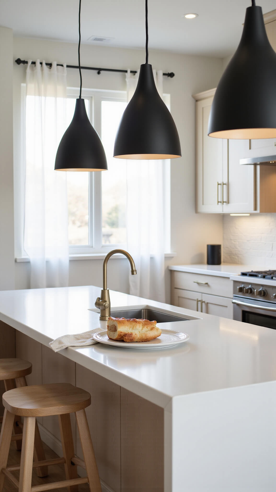 Low-angle view of a modern minimalist kitchen with black ceramic pendant lights over a white quartz island, illuminated by dawn light and warm LED glow, with white oak cabinets and sheer curtains.