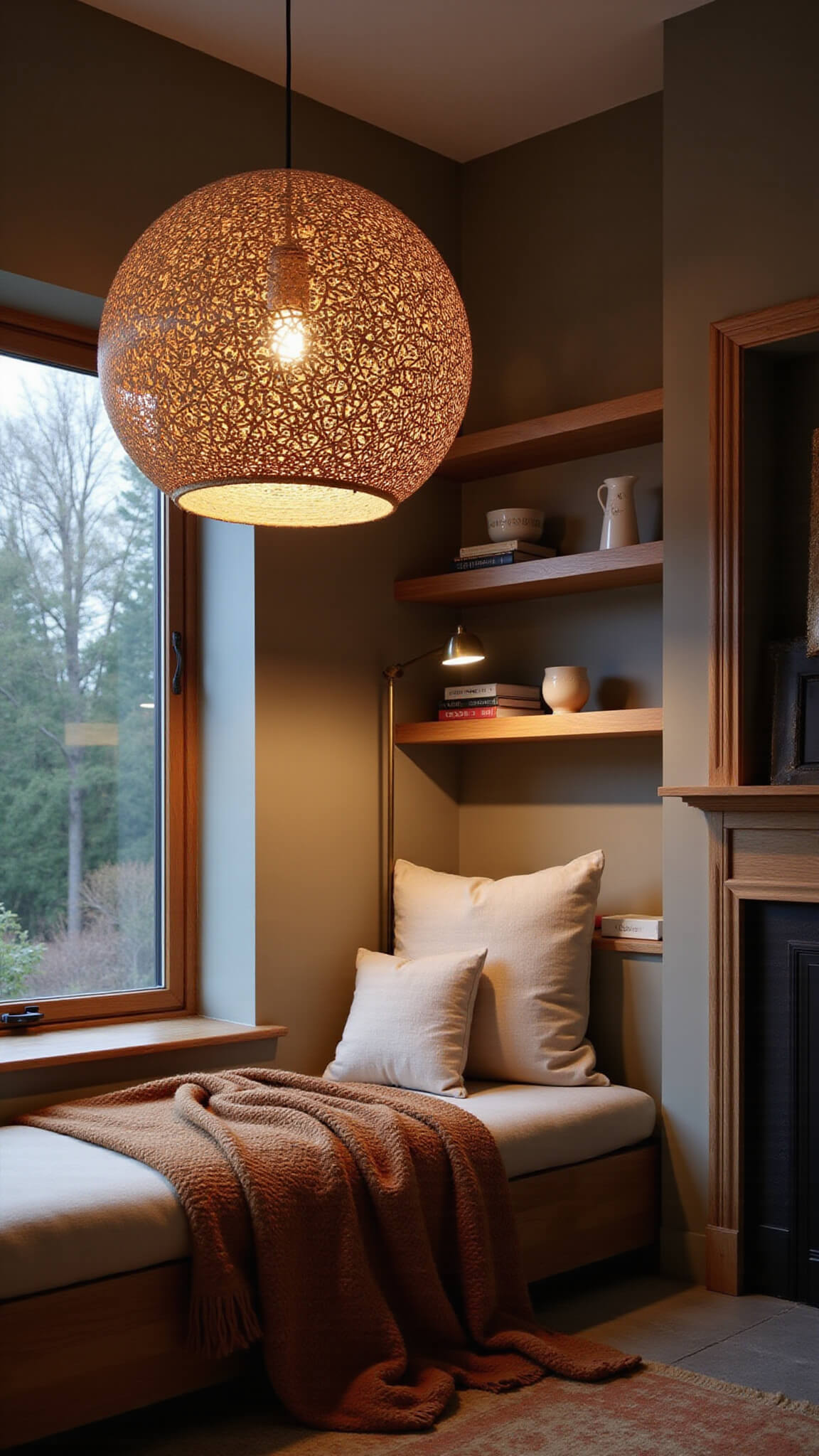Cozy 8x8ft reading nook at dusk with rattan pendant casting shadows, built-in window seat with earthy-toned cushions, brass floor lamp, oak shelves with books and ceramics, and moody ambient lighting.