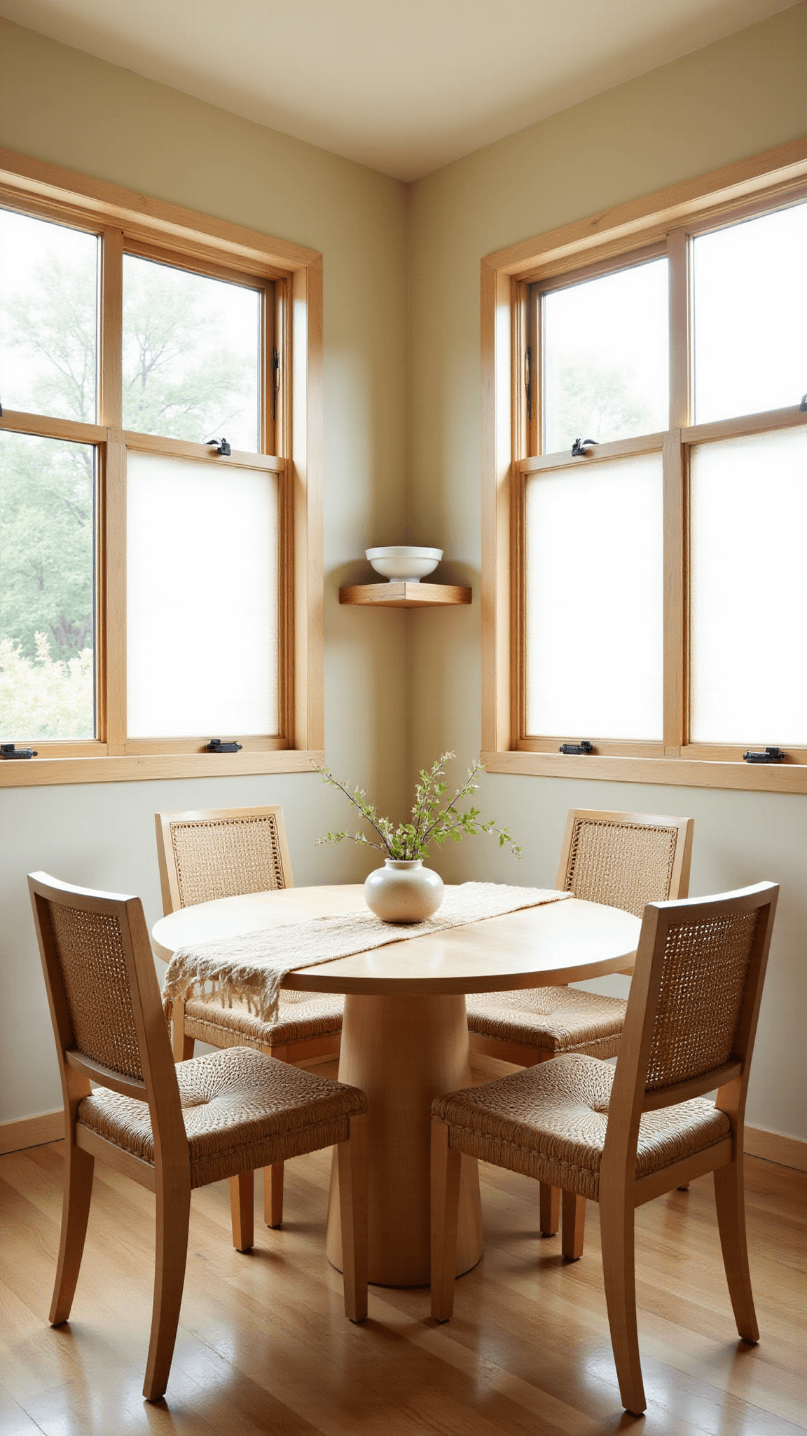 Close-up of Japandi breakfast nook with bleached pine table, woven chairs, ikebana centerpiece, and soft morning light through rice paper screens.