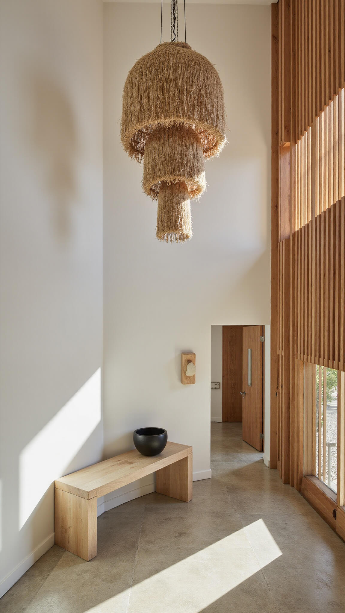 High-angle view of a Zen-style 12x10ft entryway with double-height ceiling, hemp cluster pendant, natural stone floor, vertical wood slat wall, and minimal bleached oak console with black ceramic vessel in bright mid-afternoon light.