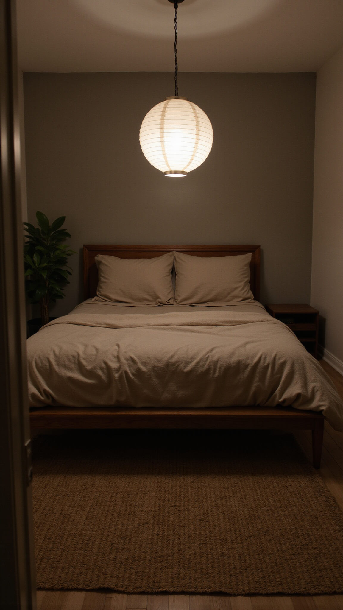 Twilight primary bedroom with soft pendant light, platform bed with rumpled oatmeal linens, jute rug on white oak floor, and fiddle leaf fig softly lit.