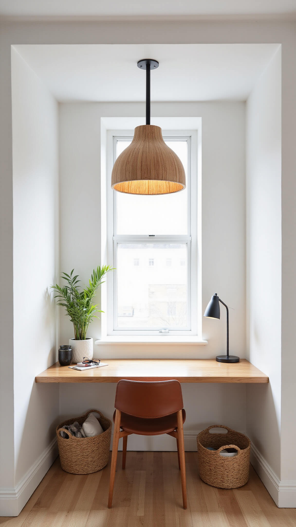 Close-up of black bamboo tube pendant in home office alcove, highlighting natural grain lit by morning light above floating desk with leather chair and woven baskets.
