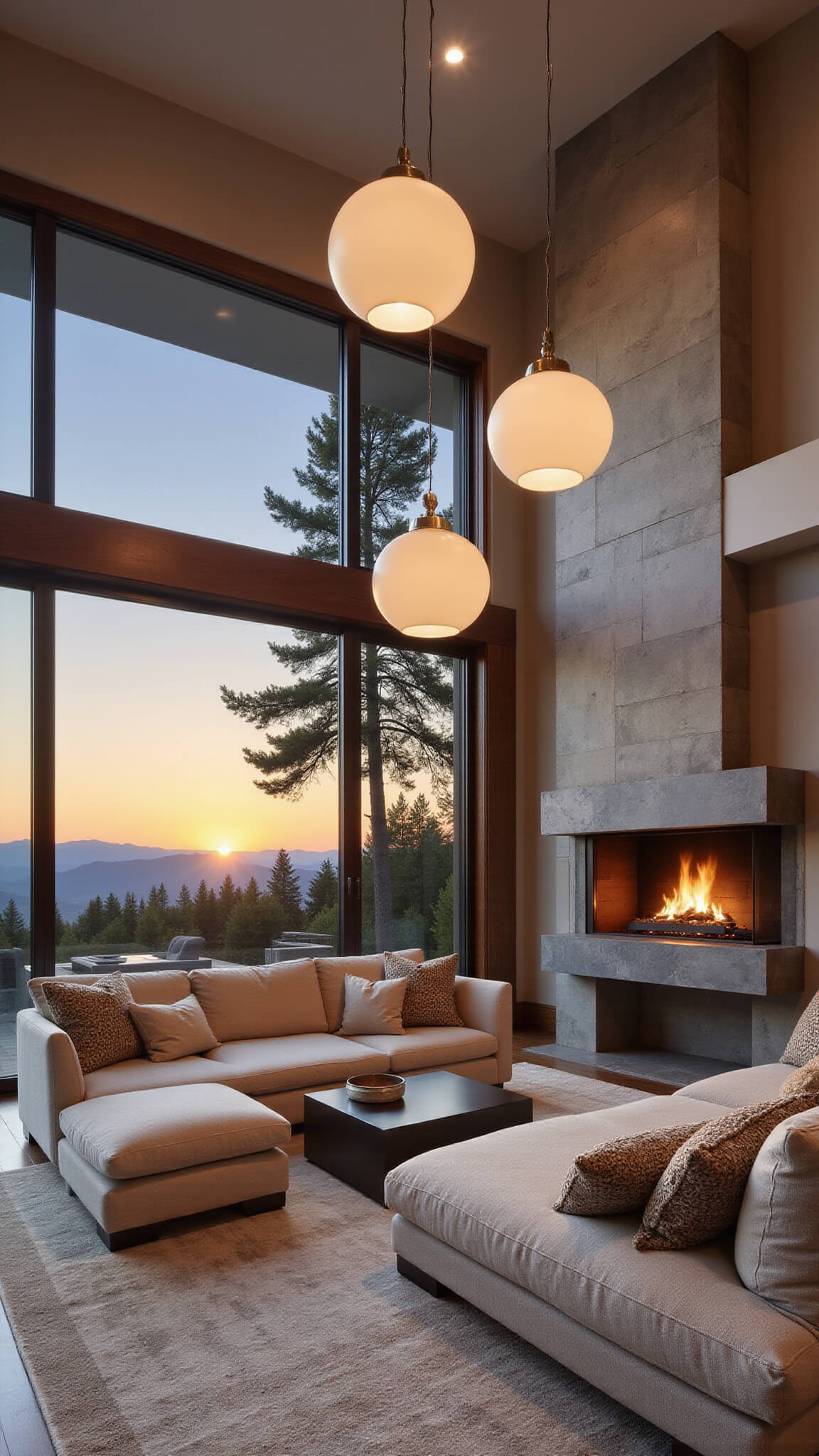 Open concept living room at sunset with asymmetrical porcelain dome pendants, mountain views through floor-to-ceiling windows, linen sectional, slate fireplace, and golden hour lighting.