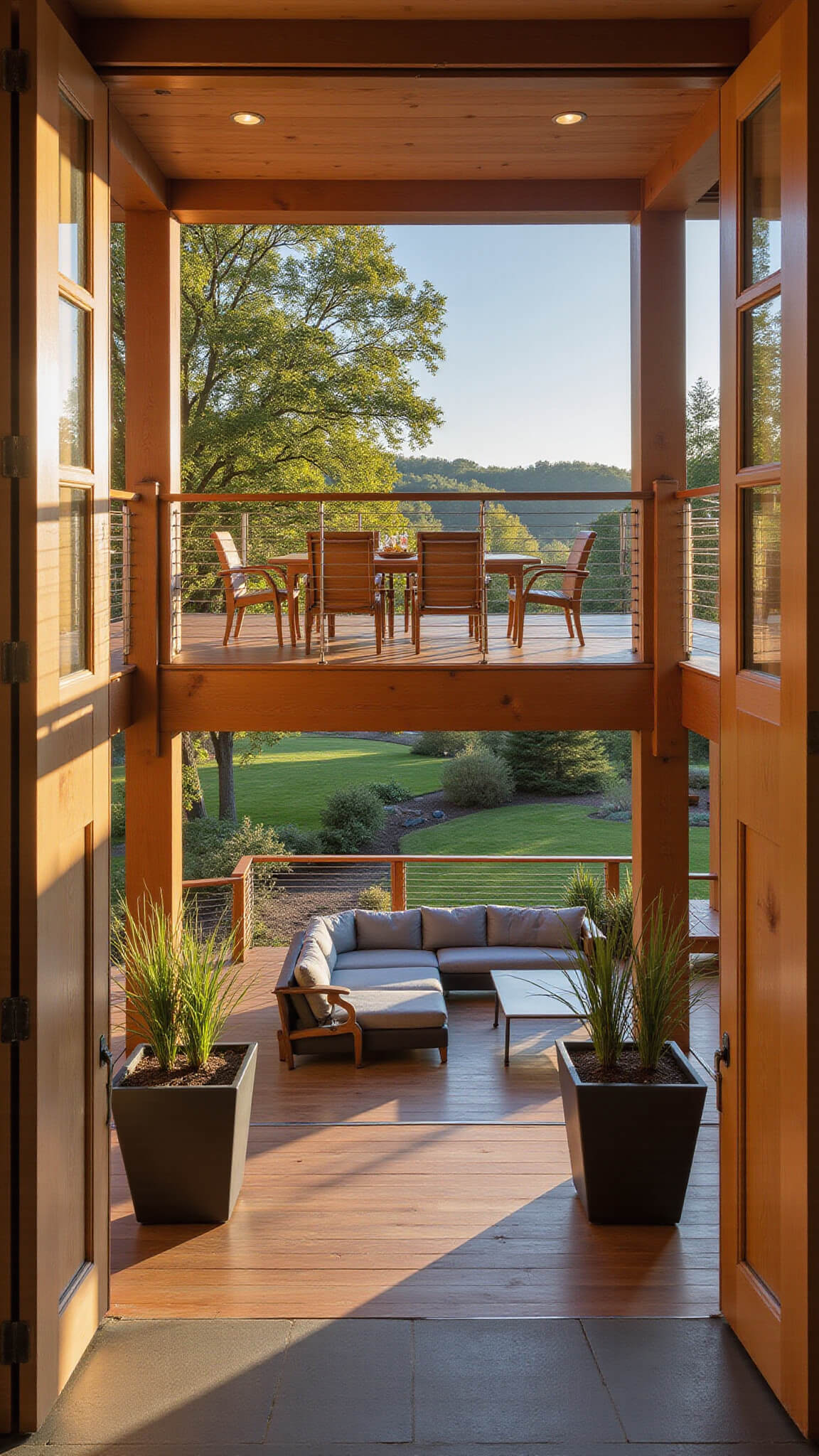 Luxurious split-level cedar deck at golden hour, viewed through floor-to-ceiling windows, featuring teak dining set, modern sectional seating, cable railings, and geometric planters with ornamental grasses.