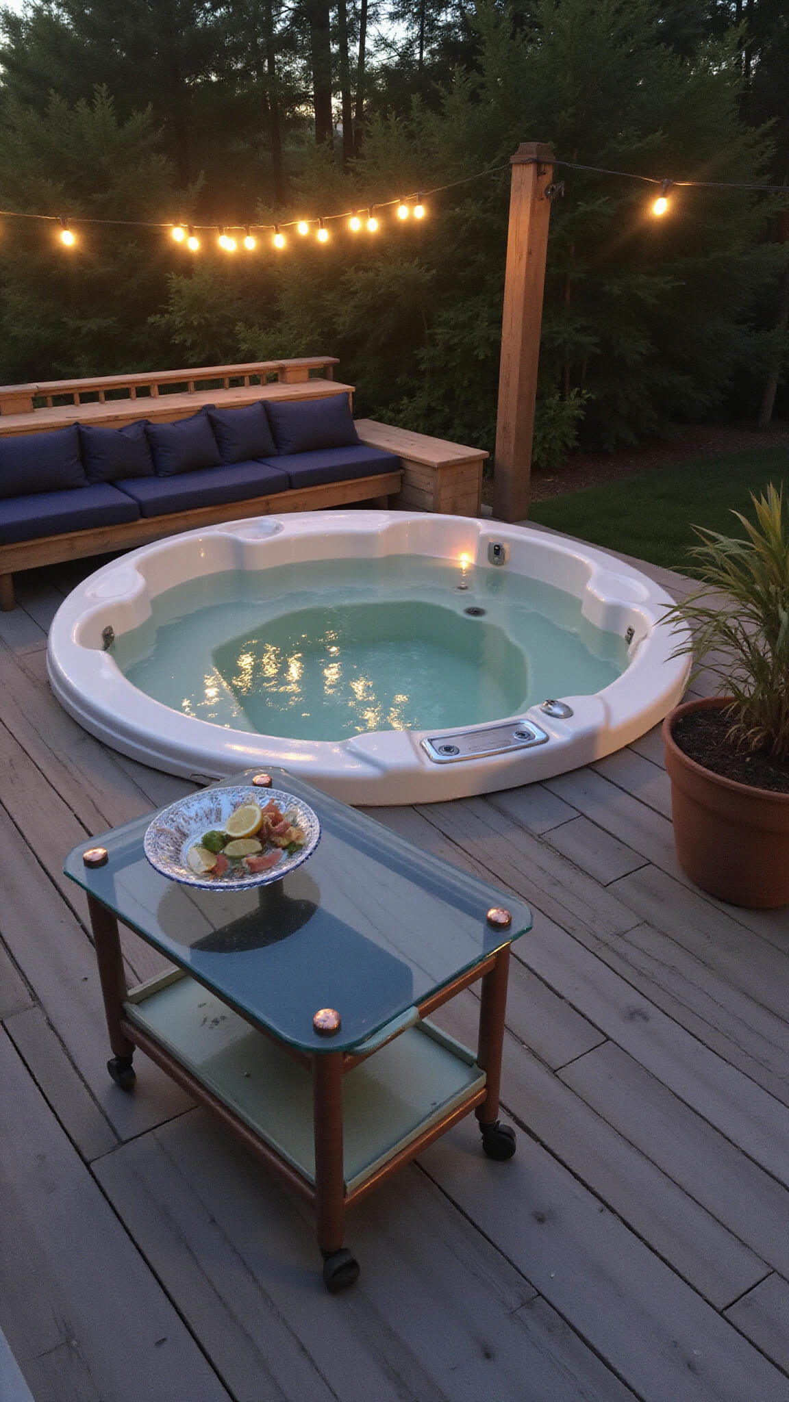 Cozy twilight deck with sunken hot tub, navy cushioned bench, and glass cocktail cart under string lights.
