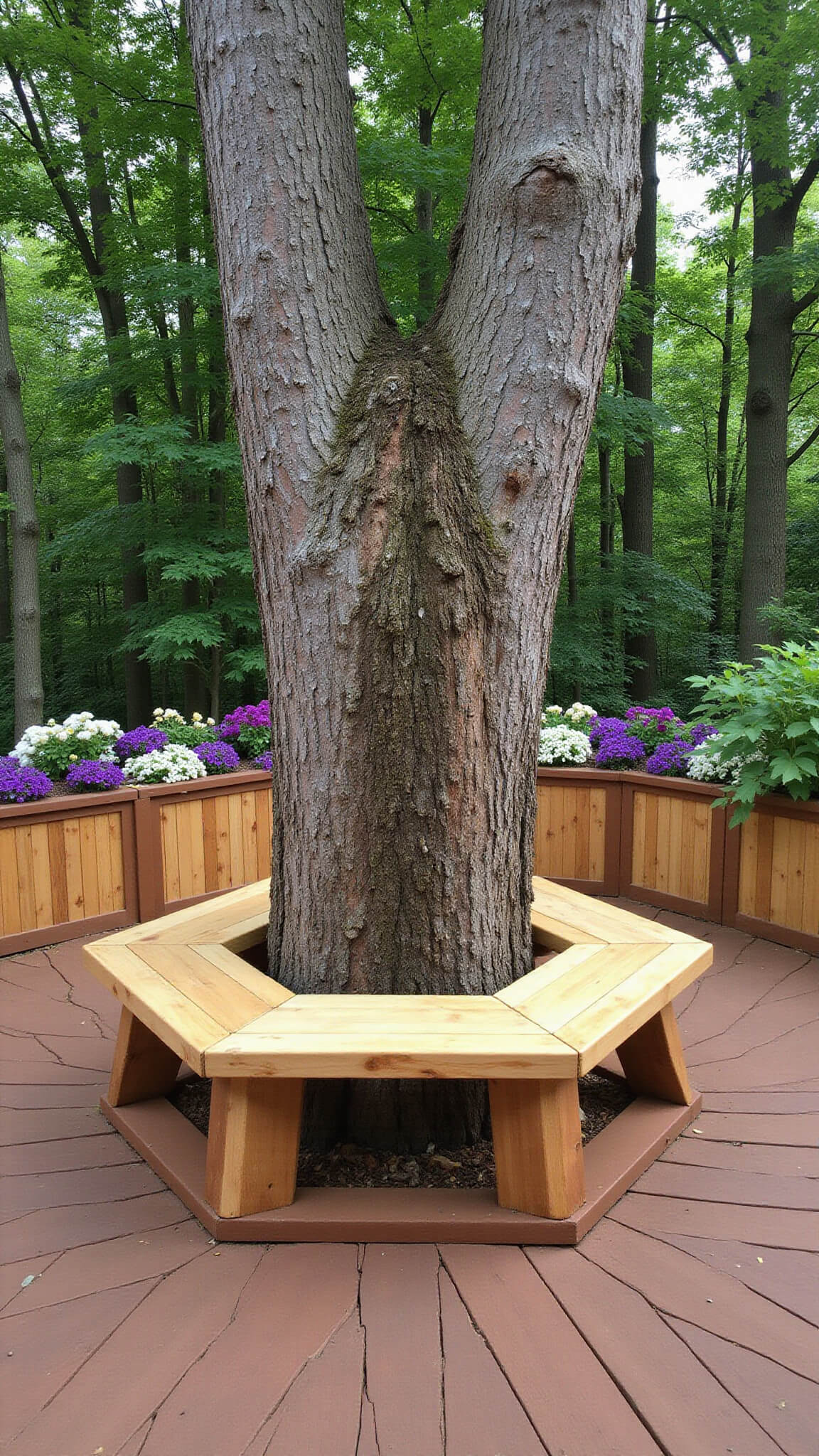 Deck with central maple tree emerging through hexagonal bench, surrounded by planters and composite decking in rich brown tones.
