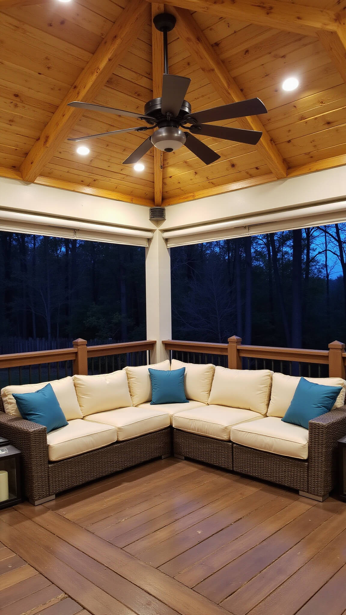 Covered deck at dusk with vaulted cedar ceiling, LED lighting, modern fan, cream sectional with blue pillows, retractable screens, and warm lantern glow.