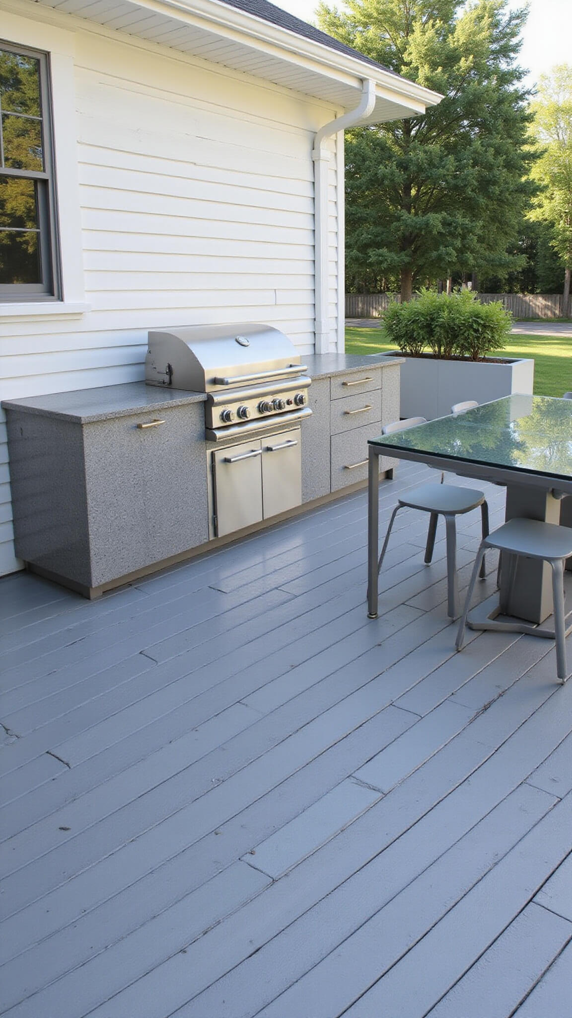 Modern outdoor kitchen deck with stainless steel cooking station, grey quartz counters, glass dining table for six, and minimalist herb planters on light grey composite decking in bright morning light.