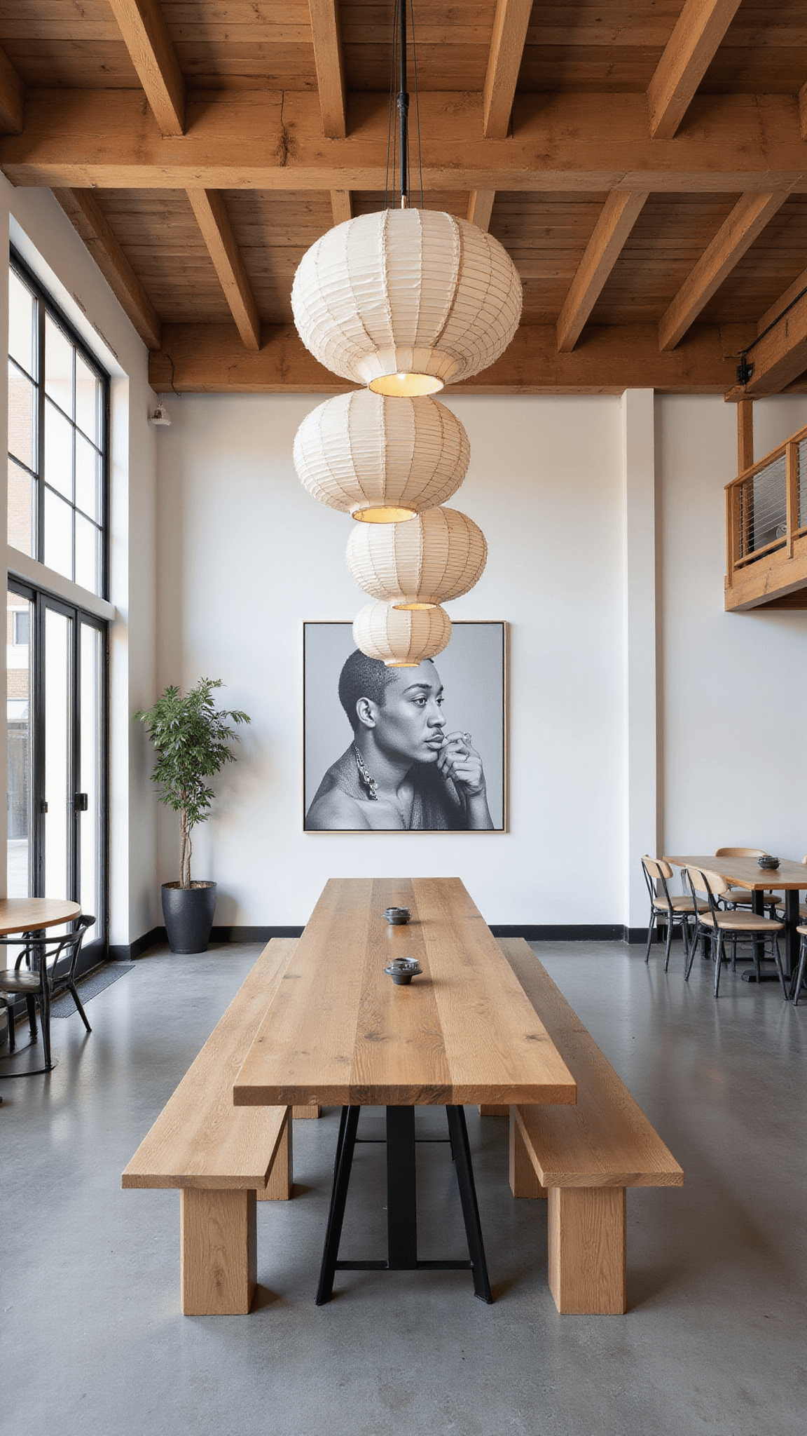 Wide shot of Japandi dining space with high ceilings, exposed wooden trusses, large industrial windows, central teak communal table, mixed seating, cascading paper lanterns, concrete floors, and minimalist charcoal wall art.