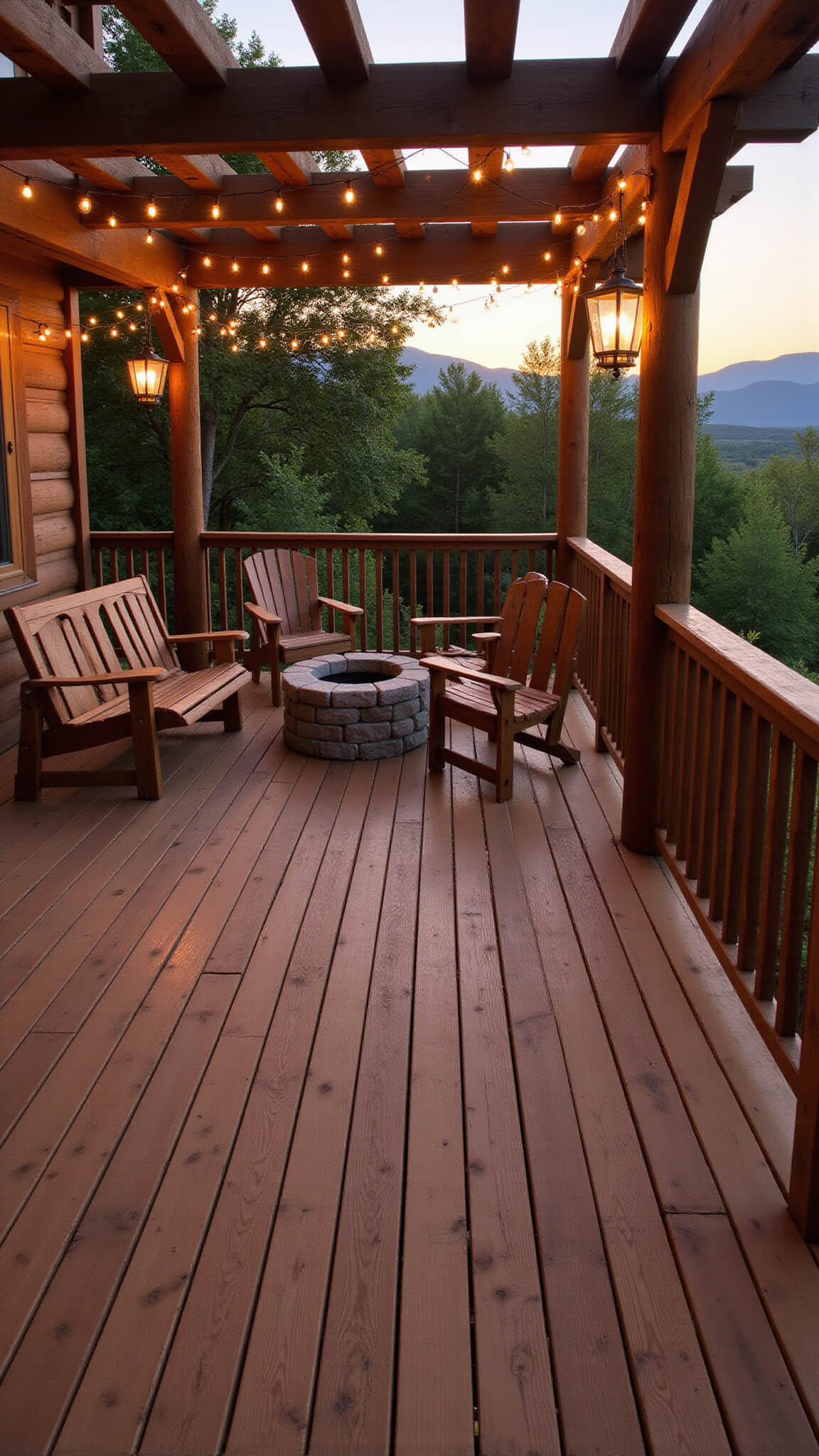 Rustic mountain deck at sunset with cedar planks, pergola with twinkle lights, green Adirondack chairs around stone fire pit, and mountain views in warm golden light.