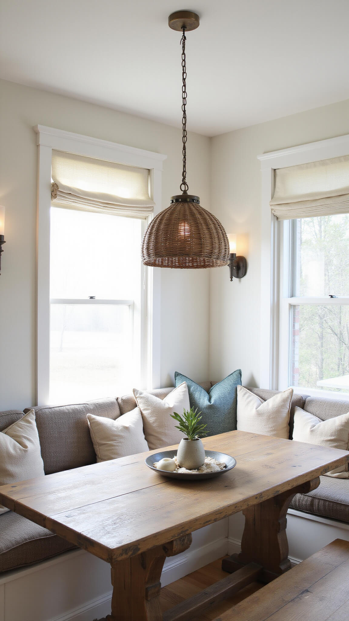 Cozy breakfast nook with layered lighting, including recessed can lights, undercabinet LEDs, and wall sconces around a window seat with white roman shades; features weathered oak farmhouse table, woven basket pendant, and neutral-toned decor with vintage metal accents.