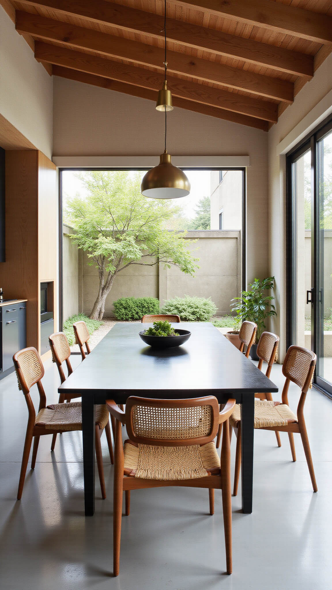 Modern Japandi dining room with teak chairs, black table, exposed beams, and sliding doors to zen garden.