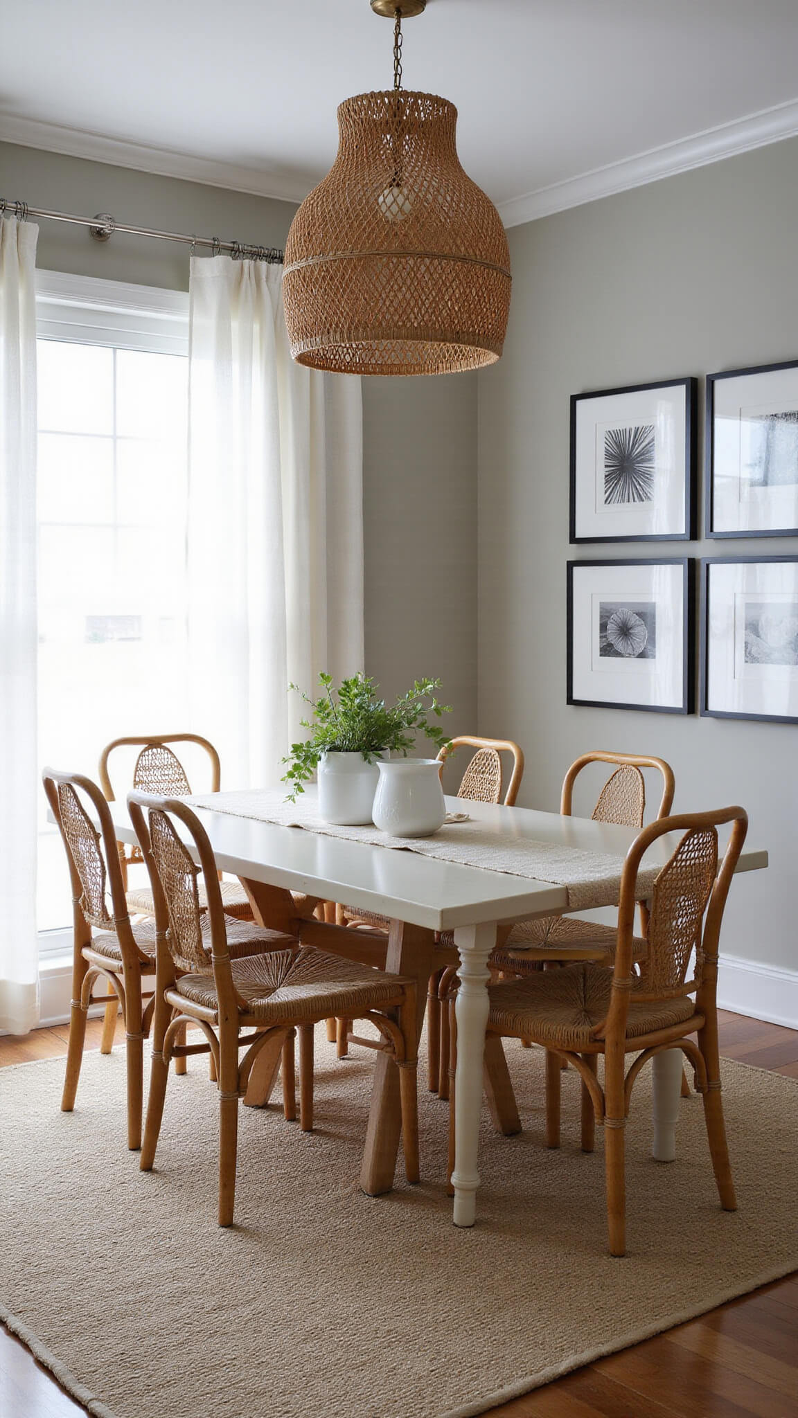 Coastal Japandi dining room at dusk with bamboo chairs, white oak table, greige walls, woven pendant light, gallery wall, and breezy white curtains.