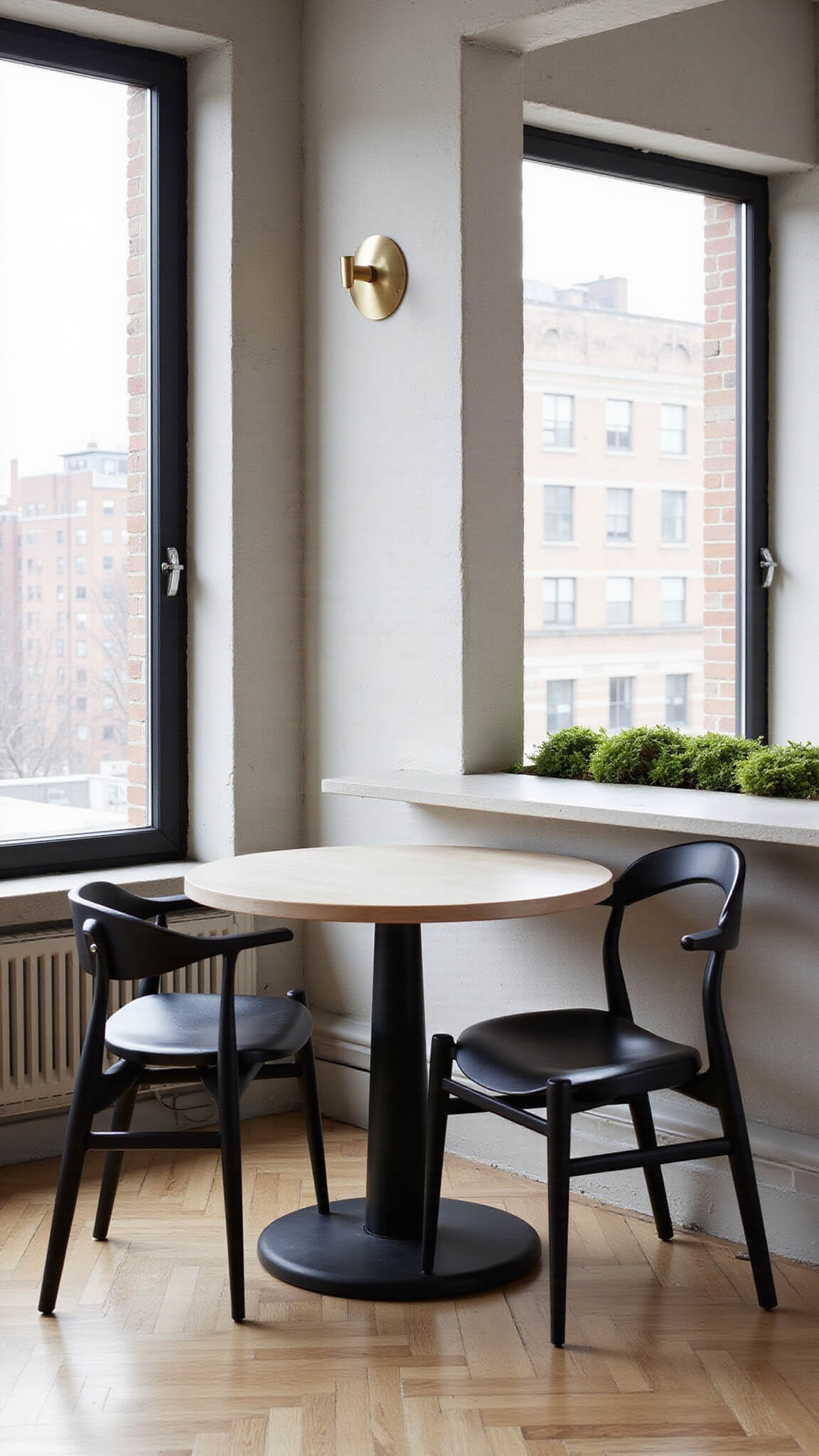 Compact urban dining space with two black oak Japandi chairs at a floating bar, floor-to-ceiling city-view windows, white oak herringbone floors, concrete walls, brass sconces, and a small moss garden.