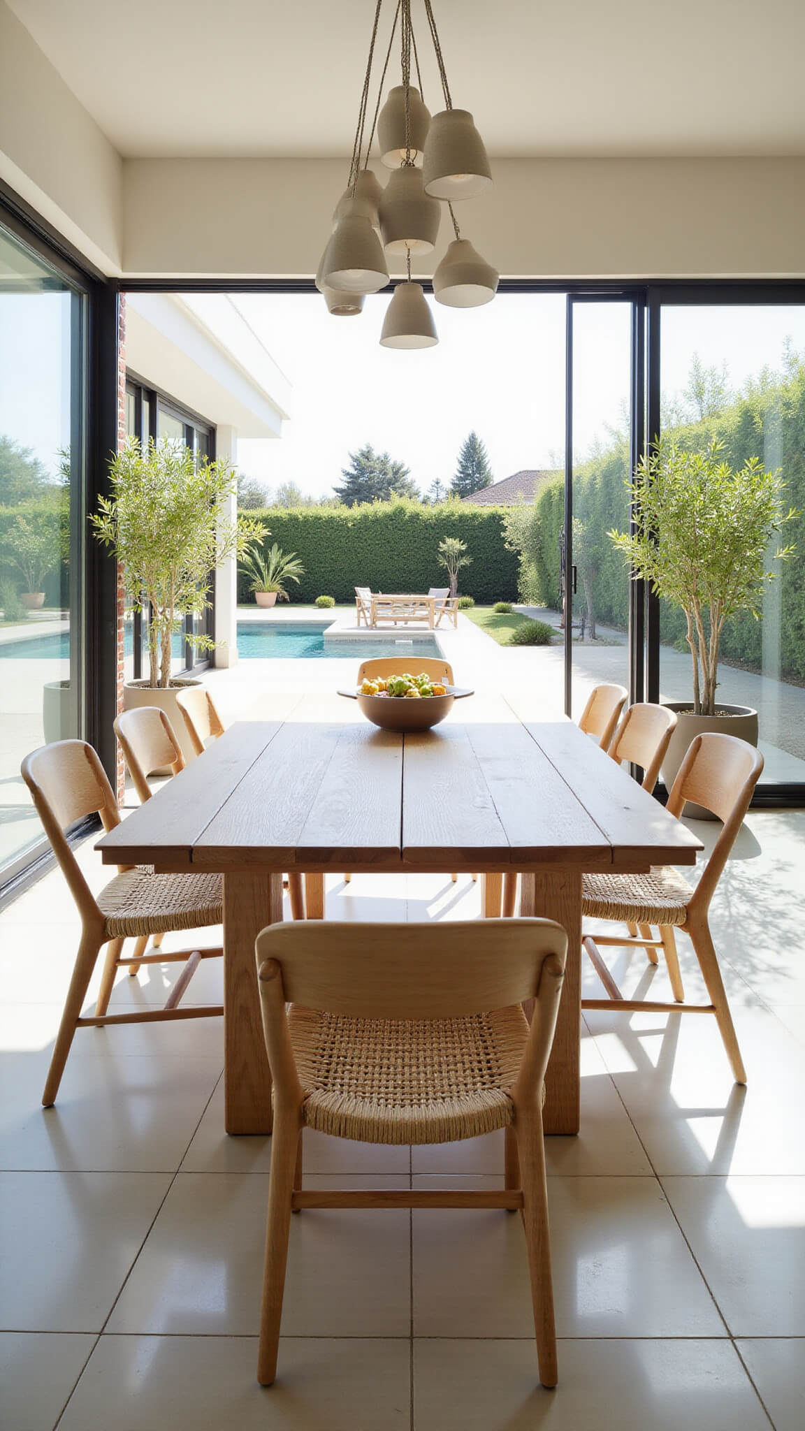 Low-angle view of a sunlit dining room with oak table and ash Japandi chairs, opening onto a terrace through fully open sliding glass walls, with porcelain tile flooring extending outdoors, ceramic pendant lights above, and potted olive trees framing the space.