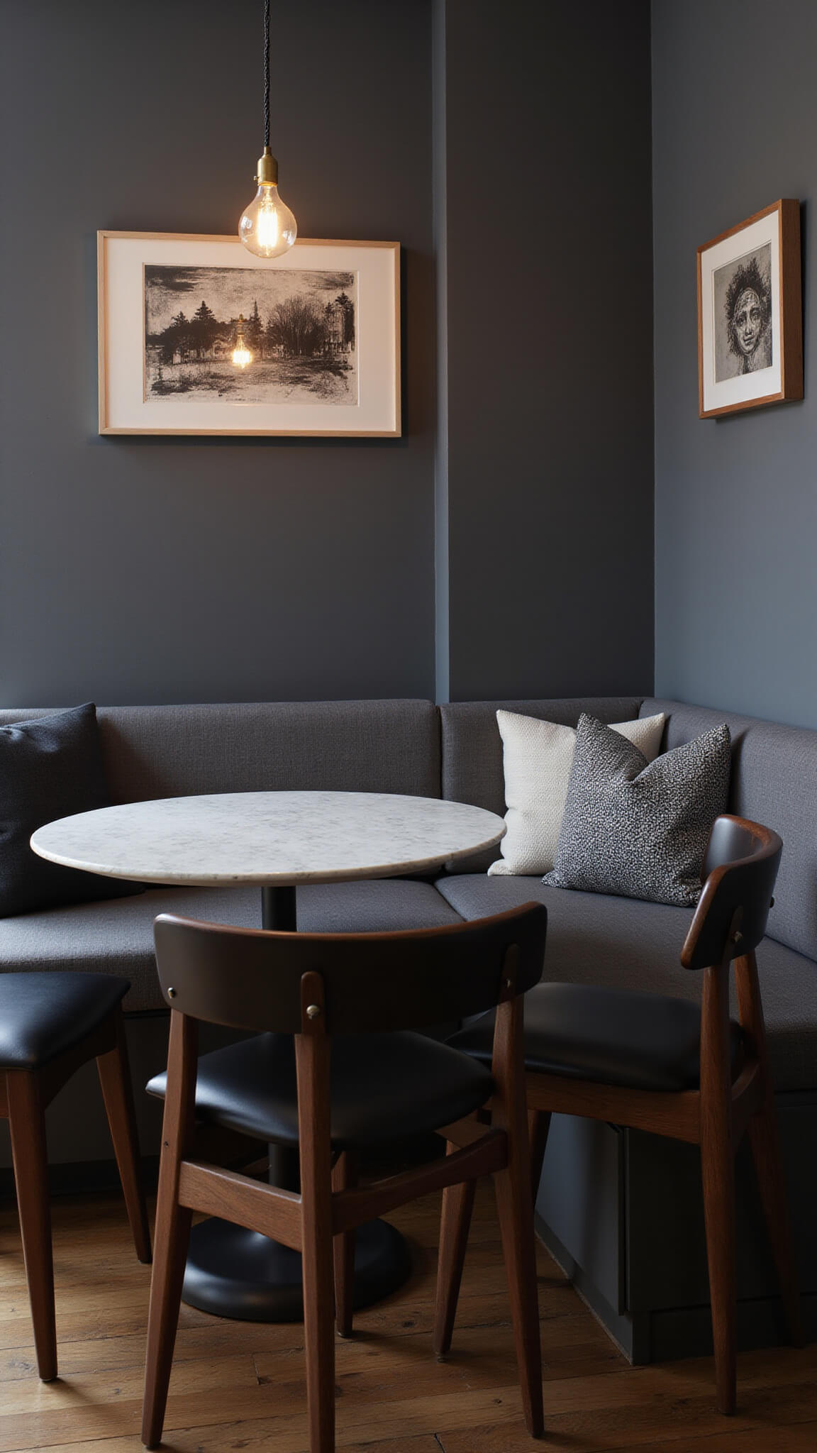 Cozy twilight dining nook with round marble table, Japandi chairs, gray linen ban
</p></noscript>
<div class=