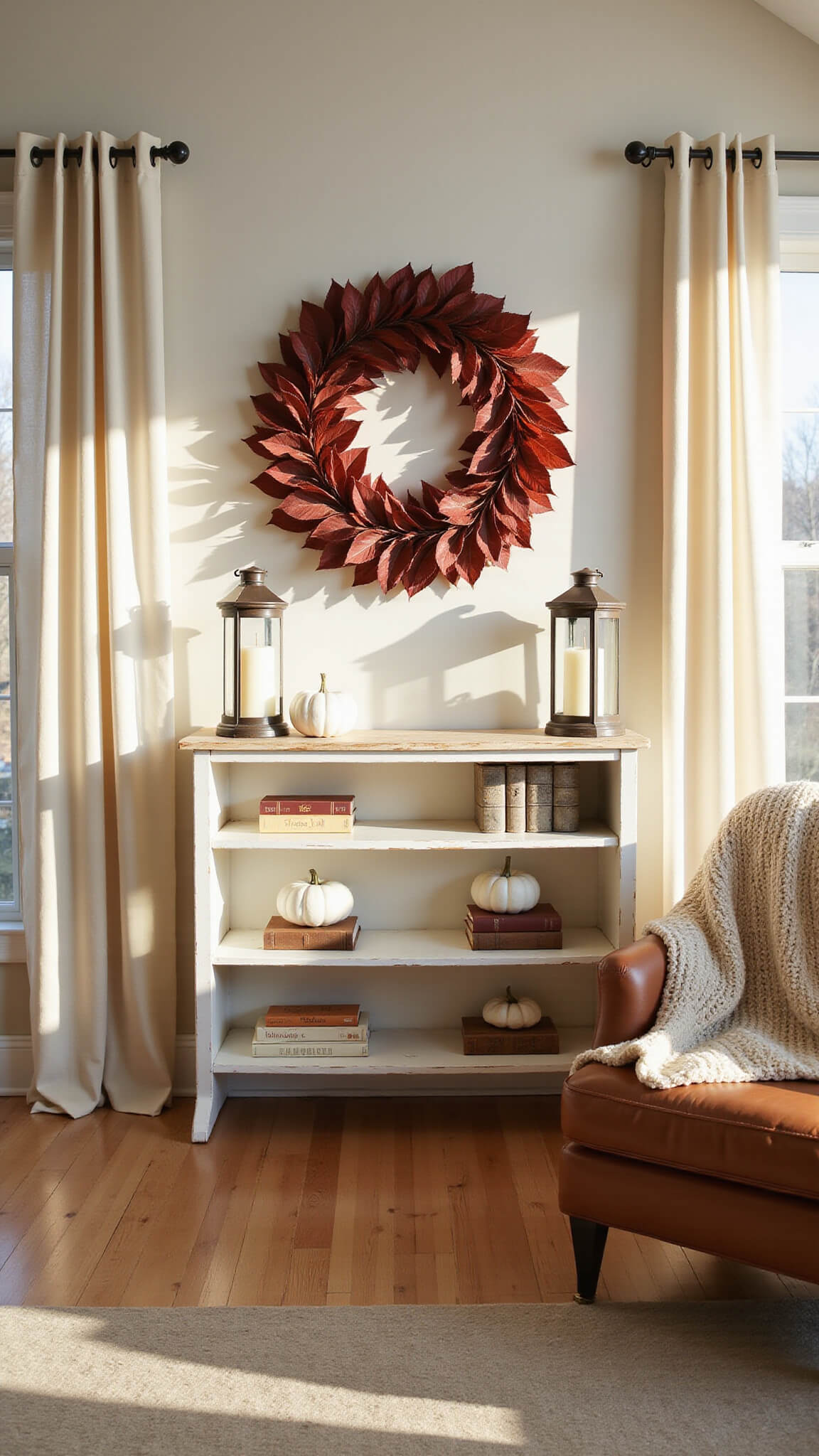 Cozy farmhouse-style living room with vaulted ceilings bathed in golden hour light, featuring a burgundy and amber wreath above a white console table, flanked by rustic shelves with autumn decor and a cream knit throw on a leather armchair.