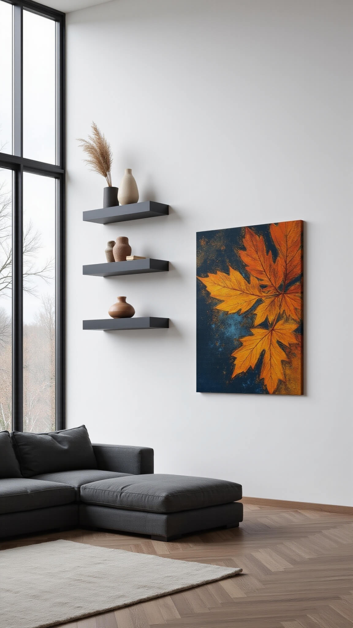 Modern minimalist living space with floor-to-ceiling windows, abstract autumn leaf artwork, charcoal sectional, and black floating shelves with decorative accents.