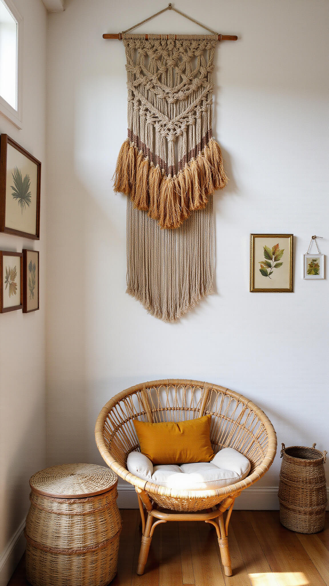 Bohemian reading nook with macramé wall hanging, rattan papasan chair, vintage botanical art, and woven baskets in soft morning light.