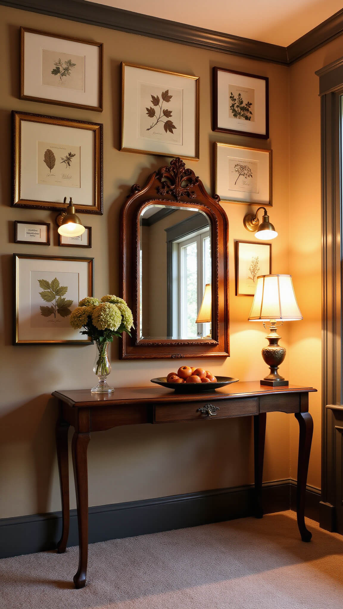 Corner-view of a 14x16ft traditional living room at golden hour with a symmetric gallery wall featuring nine framed fall-themed artworks and a central carved wooden mirror reflecting warm lamp light.