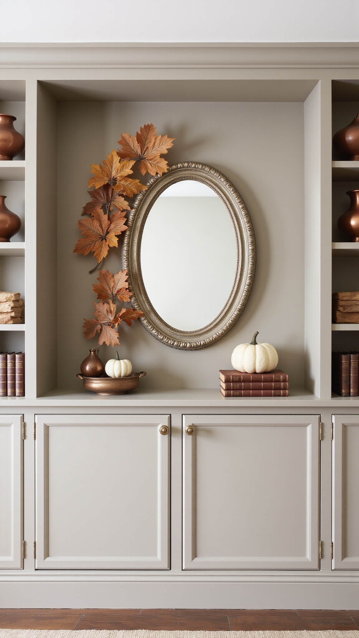 Airy transitional living space with greige built-in shelves displaying copper vessels, ivory pumpkins, and books; oval antiqued mirror framed by preserved autumn leaves.