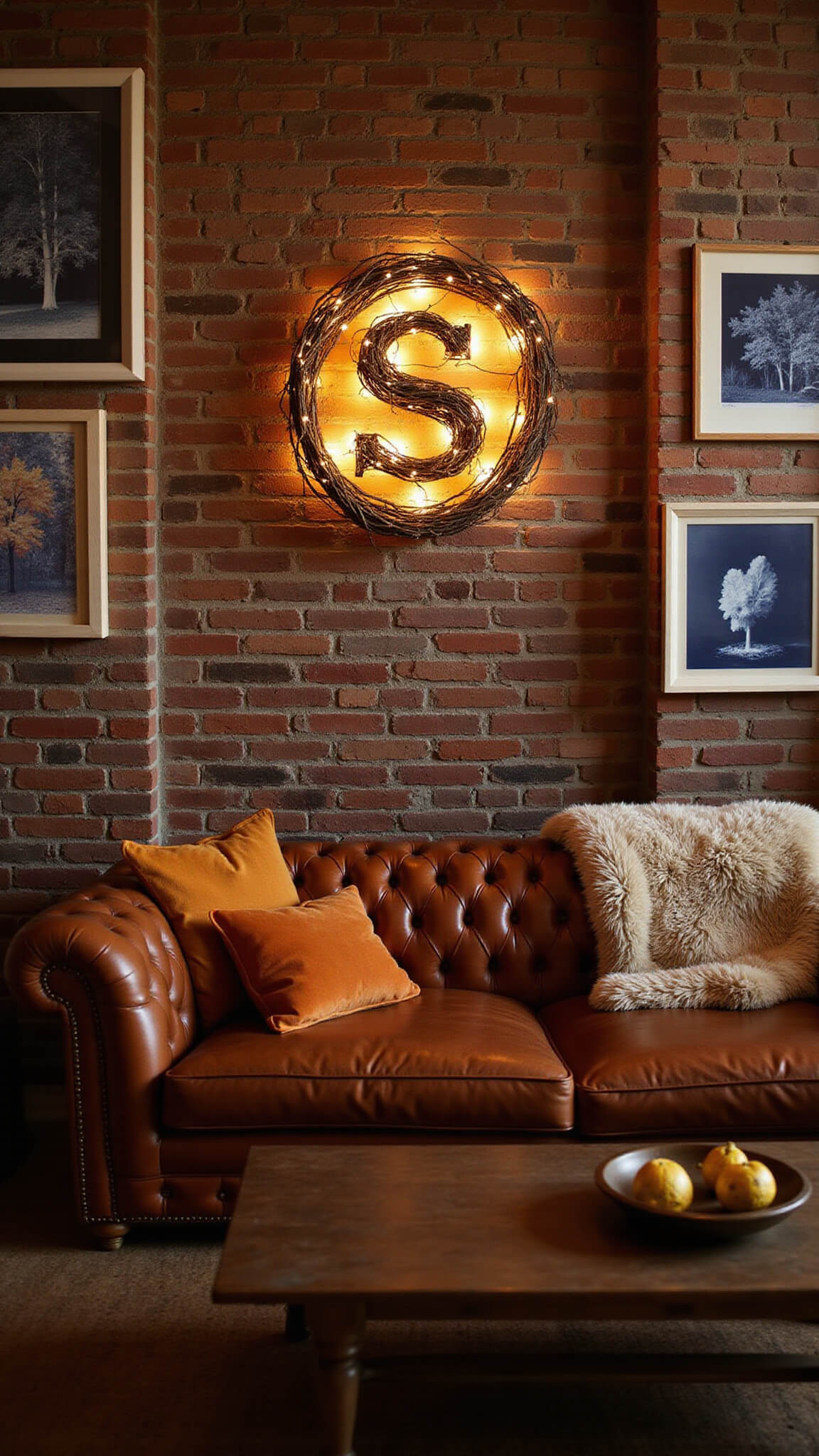 Cozy 12x14ft den at blue hour with warm lighting, featuring exposed brick wall, illuminated twig monogram, vintage copper-framed cyanotypes, and leather Chesterfield sofa with amber faux fur throws.