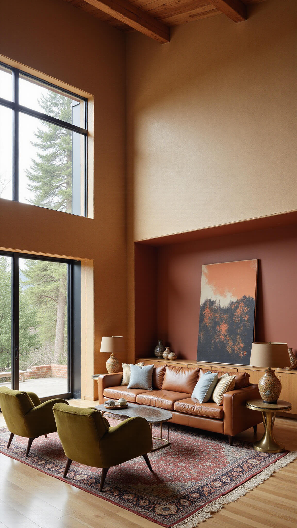 Wide-angle view of modern living room with vaulted ceilings, exposed wooden beams, terracotta accent wall, mid-century furniture, and floor-to-ceiling windows flooding space with morning light.