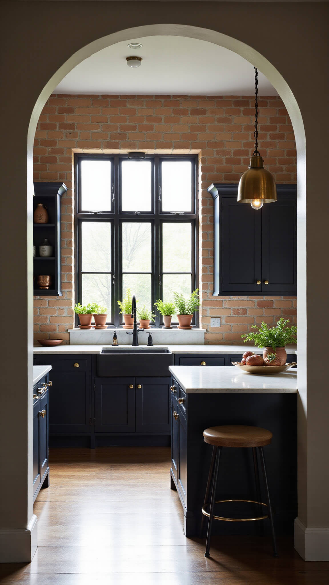 Dramatic kitchen with tan subway tiles, matte black cabinetry, marble countertops, and dark soapstone island, lit by brass pendants and morning light through steel-framed windows.