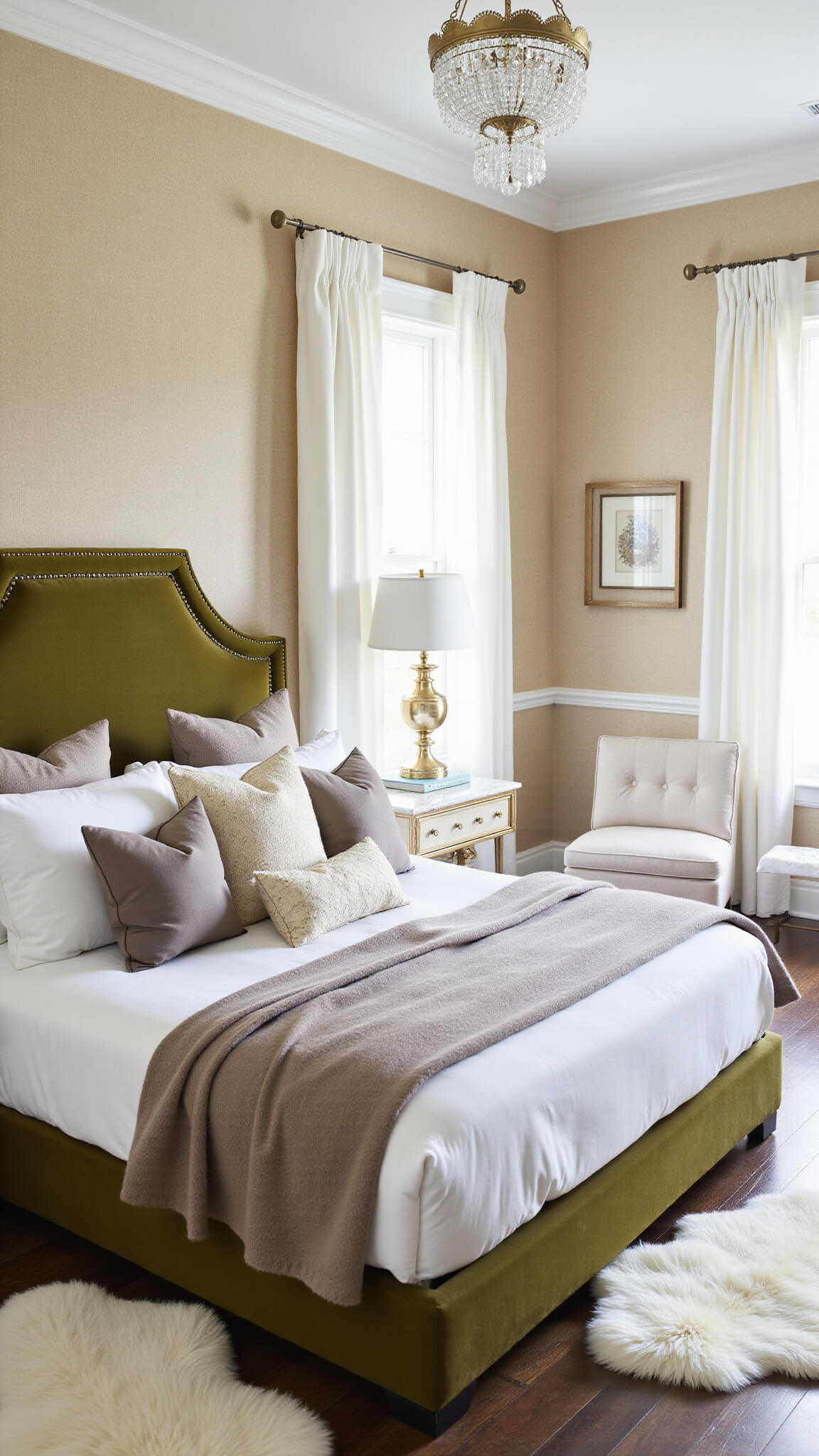 Serene master bedroom with tan grasscloth wallpaper, olive green headboard, white linens, brass nightstands, and soft morning light through sheer curtains.