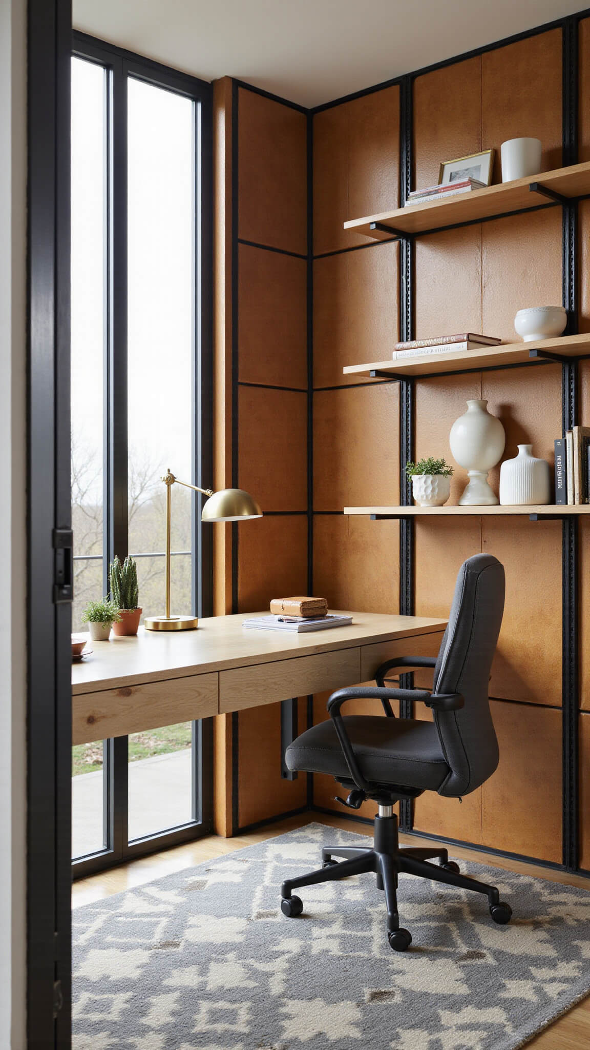 Modern home office with tan leather wall panels, black steel shelving, oak desk, brass lamp, and charcoal ergonomic chair in natural afternoon light.
