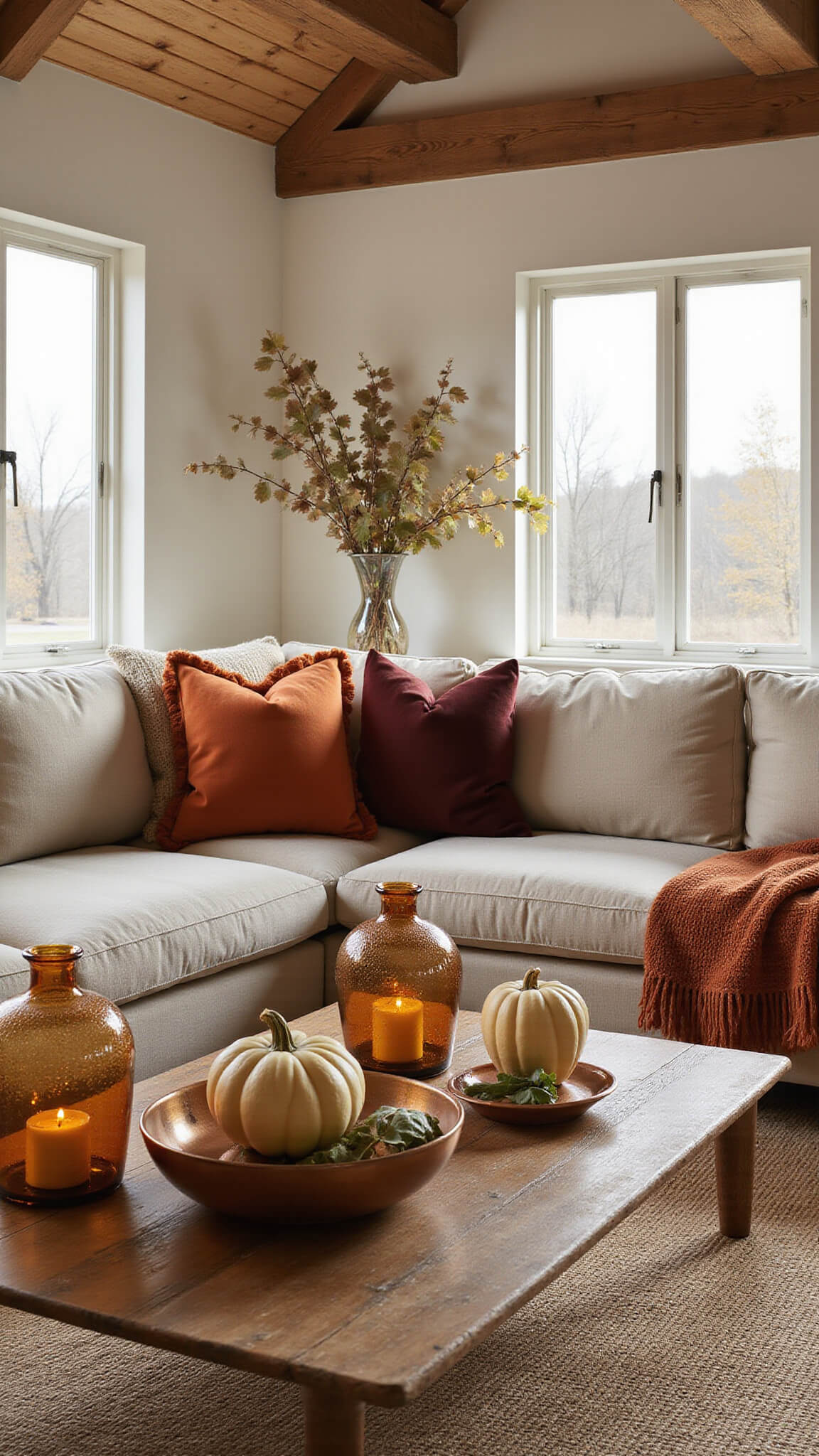 Cozy 12x14ft living room at golden hour with sunlight through tall windows, plush oatmeal sectional, autumn-toned pillows, rust wool throw on jute rug, copper bowl of heirloom pumpkins on coffee table, oak ceiling beams, amber lanterns, and fall floral arrangement in ceramic vase.