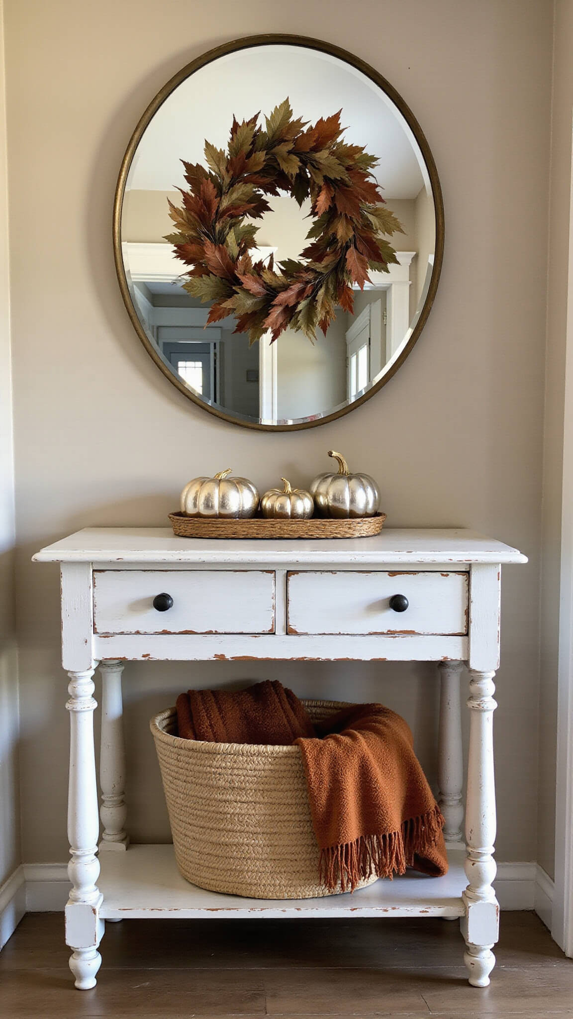 Moody dusk entryway with distressed white console, vintage brass mirror, fall wreath, seagrass basket of caramel throws, and mercury glass pumpkins.