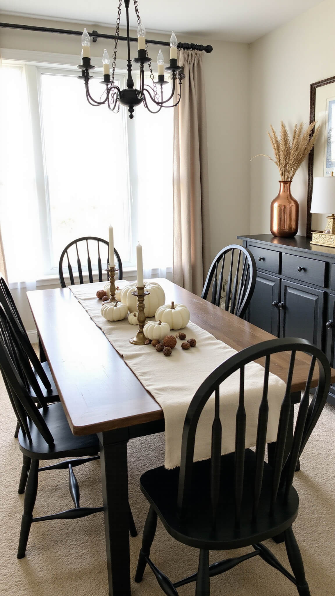 Modern farmhouse dining room with harvest table, white pumpkins, bronze candlesticks, black Windsor chairs, and soft morning light filtering through sheer linen curtains.