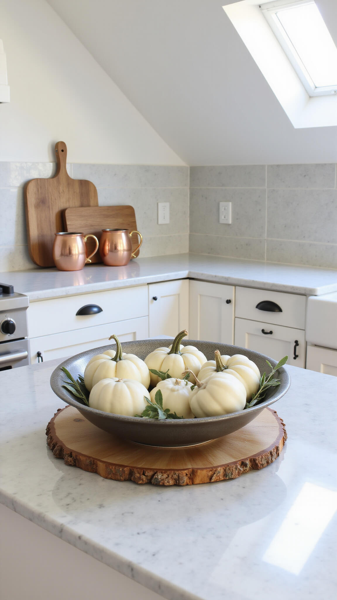 Fall-styled kitchen island with white quartz countertop, mini white pumpkins in vintage bread bowl, copper mugs, and wooden cutting boards in bright natural light.