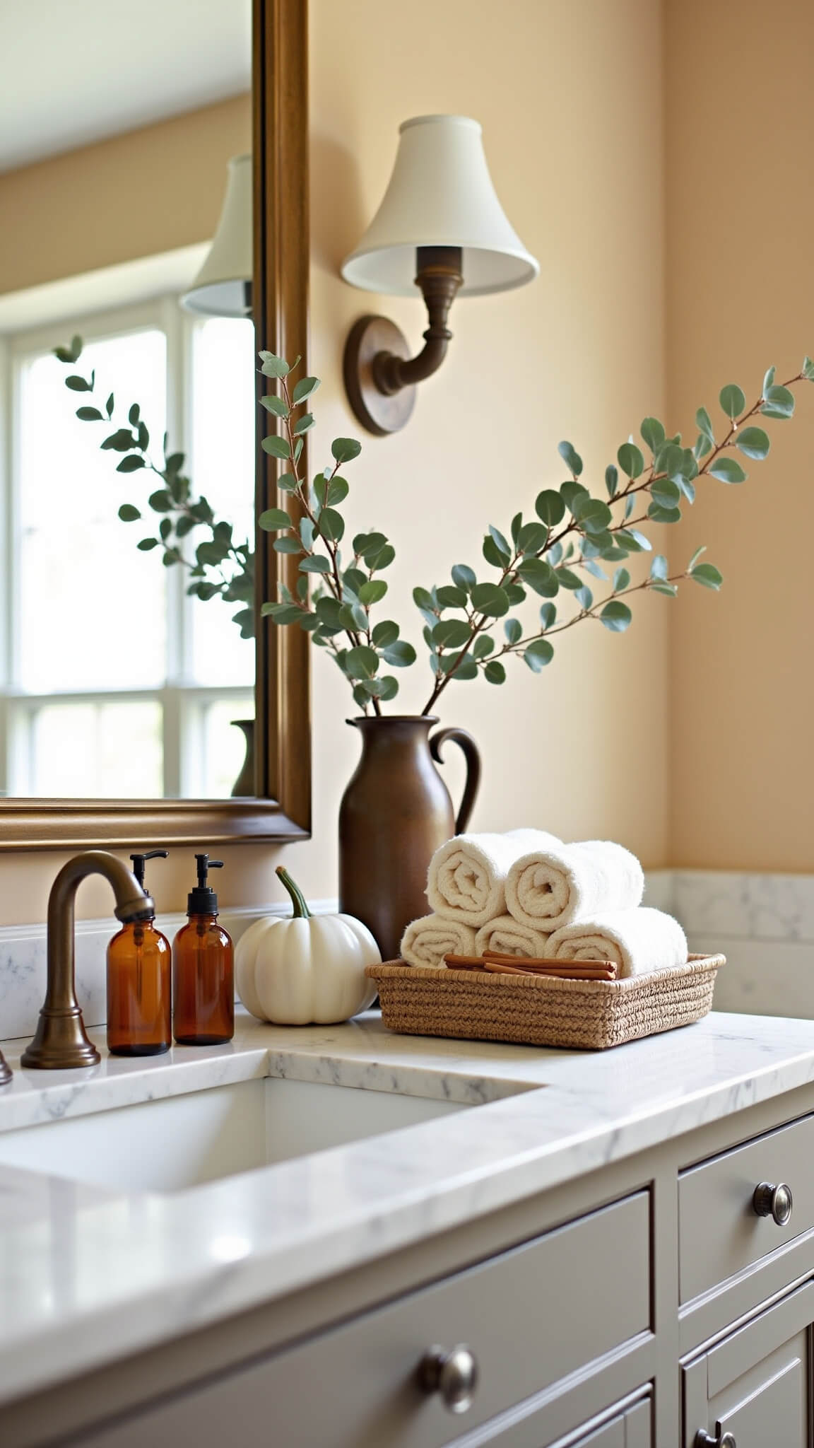 Bathroom vanity with marble counter, amber soap dispensers, white ceramic pumpkin, eucalyptus in bronze vase, brass mirror, and basket of rolled towels with cinnamon sticks in warm morning light.