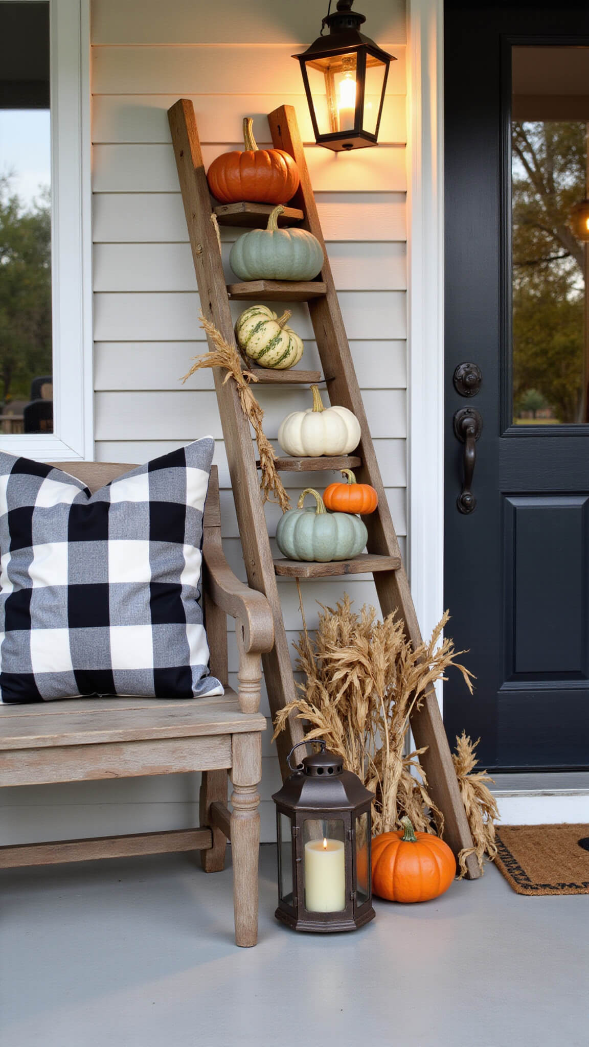 Front porch at sunset with wooden bench and buffalo check pillows, heirloom pumpkins on vintage ladder, copper lanterns glowing, and dried corn stalks framing doorway.