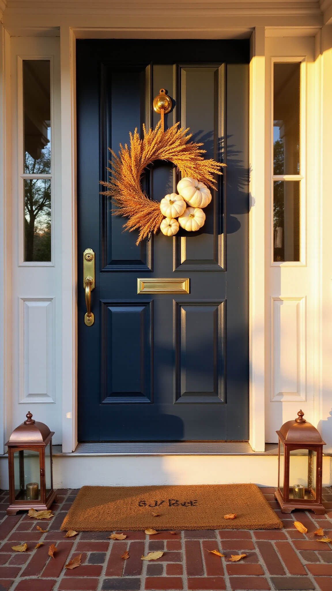 Colonial navy front door with brass knocker, autumn wreath, and cascading white pumpkins at golden hour.