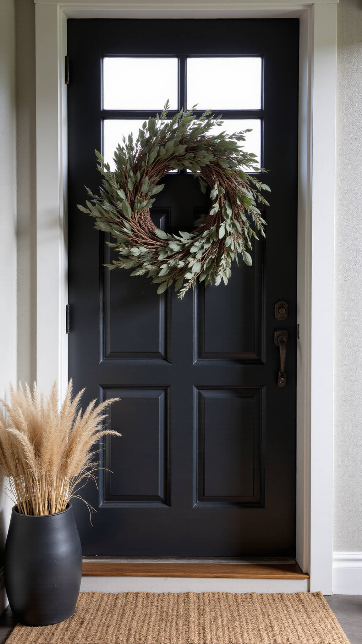 Modern farmhouse entryway at dawn with matte black door, large grapevine wreath of eucalyptus and wheat, ornamental grass planter, and jute doormat in morning mist.