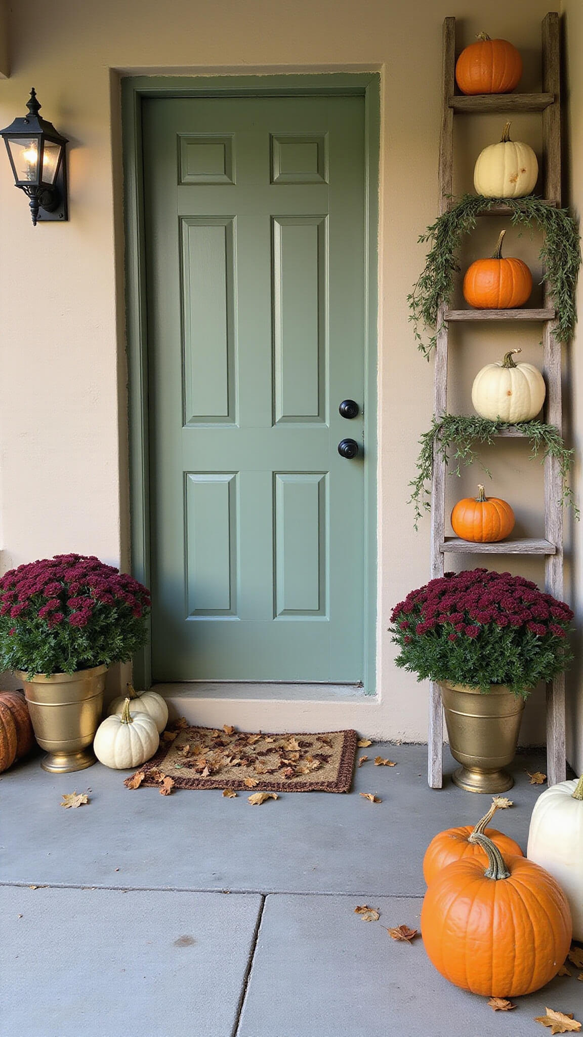 Sage green cottage door with heirloom pumpkins, burgundy mums in brass planters, and trailing bittersweet vines, framed by pine cones and maple leaves in soft afternoon light.