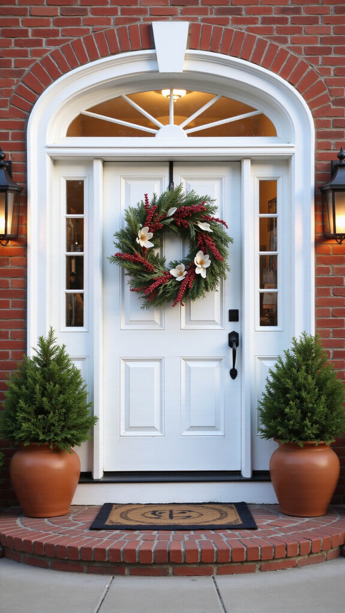 Elegant red brick entrance at dusk with white door, fall-toned wreath, matching topiaries, and glowing copper lanterns.