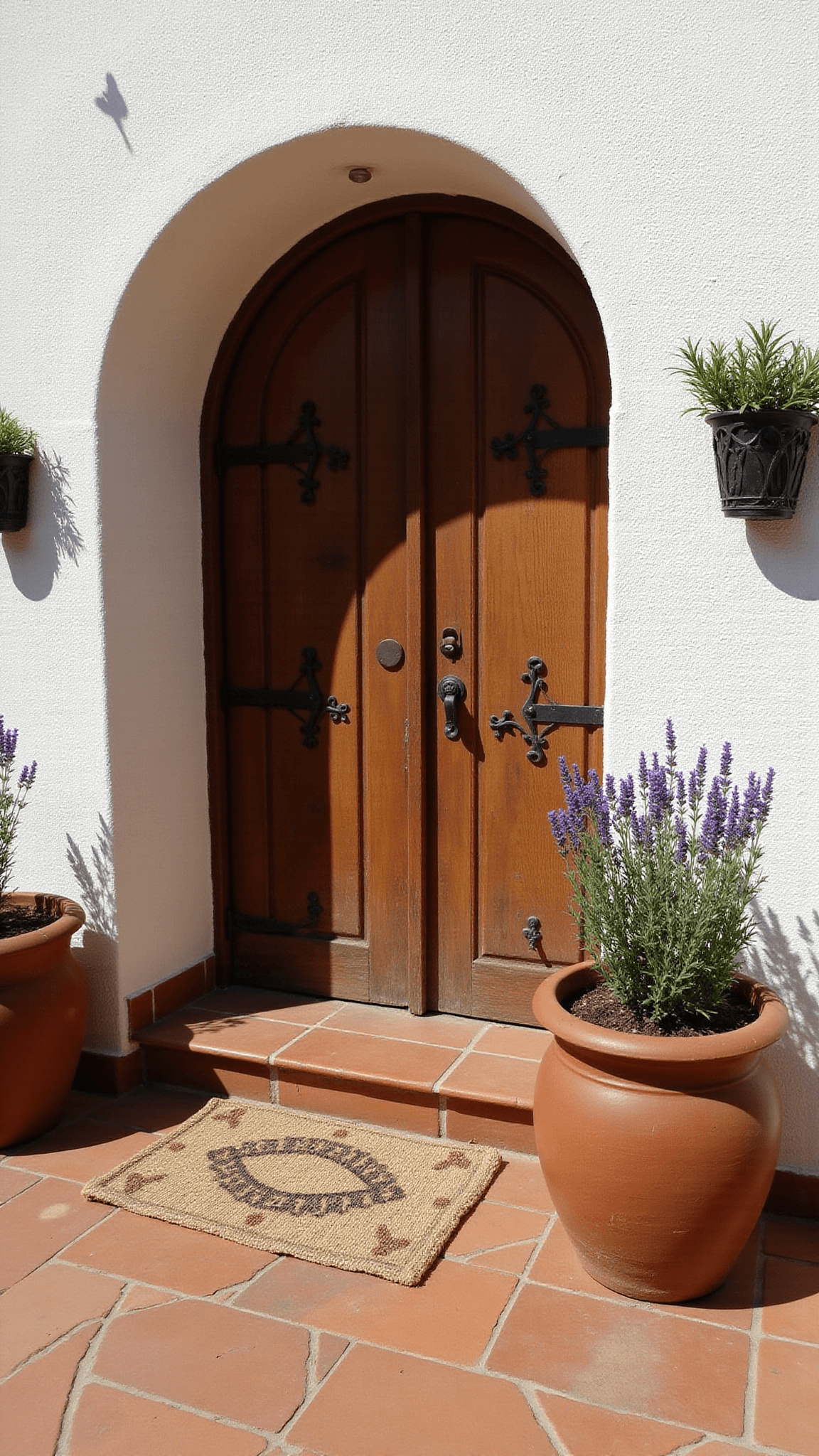 Mediterranean arched doorway with wooden door and iron details, surrounded by white stucco, terracotta pots with lavender and olive topiaries, vintage Turkish doormat on tiled floor, and wrought iron planters with trailing rosemary in morning sunlight.