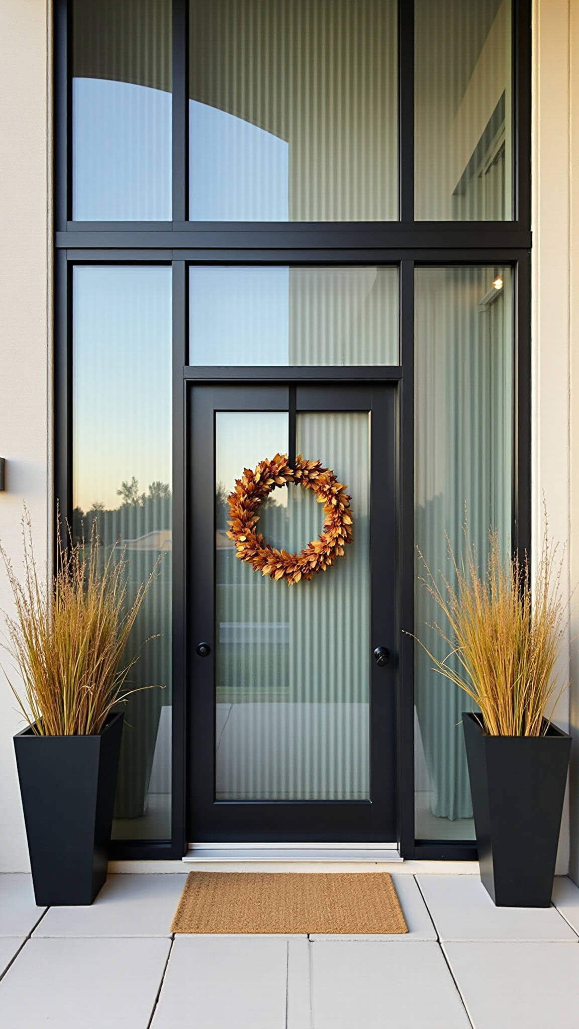 Modern glass and steel entrance with large oak-leaf metal hoop wreath, tall grasses in black planters, and natural sisal mat in bright midday light.