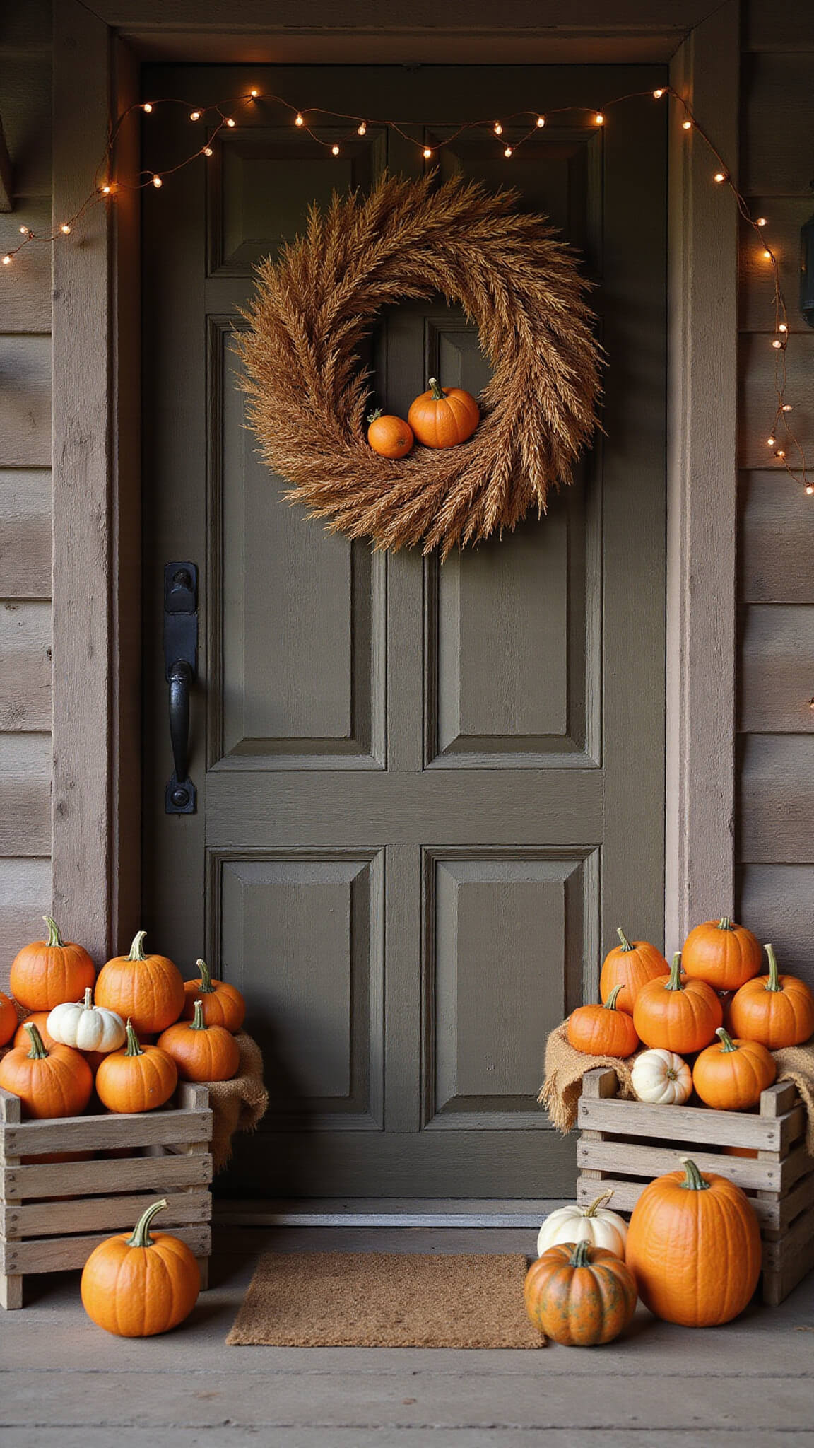 Rustic cabin entrance with weathered wood door, autumn decor of mini pumpkins, gourds, dried corn in apple crates, wheat wreath, and warm copper string lights.